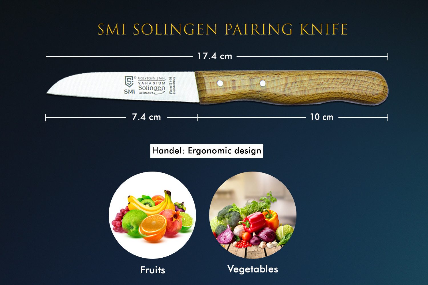 SMI Schälmesser 2 tlg Obstmesser Gerade Solingen Schälmesser rostfrei Gemüsemesser, Buchenholzgriff, nicht spülmaschinenfest