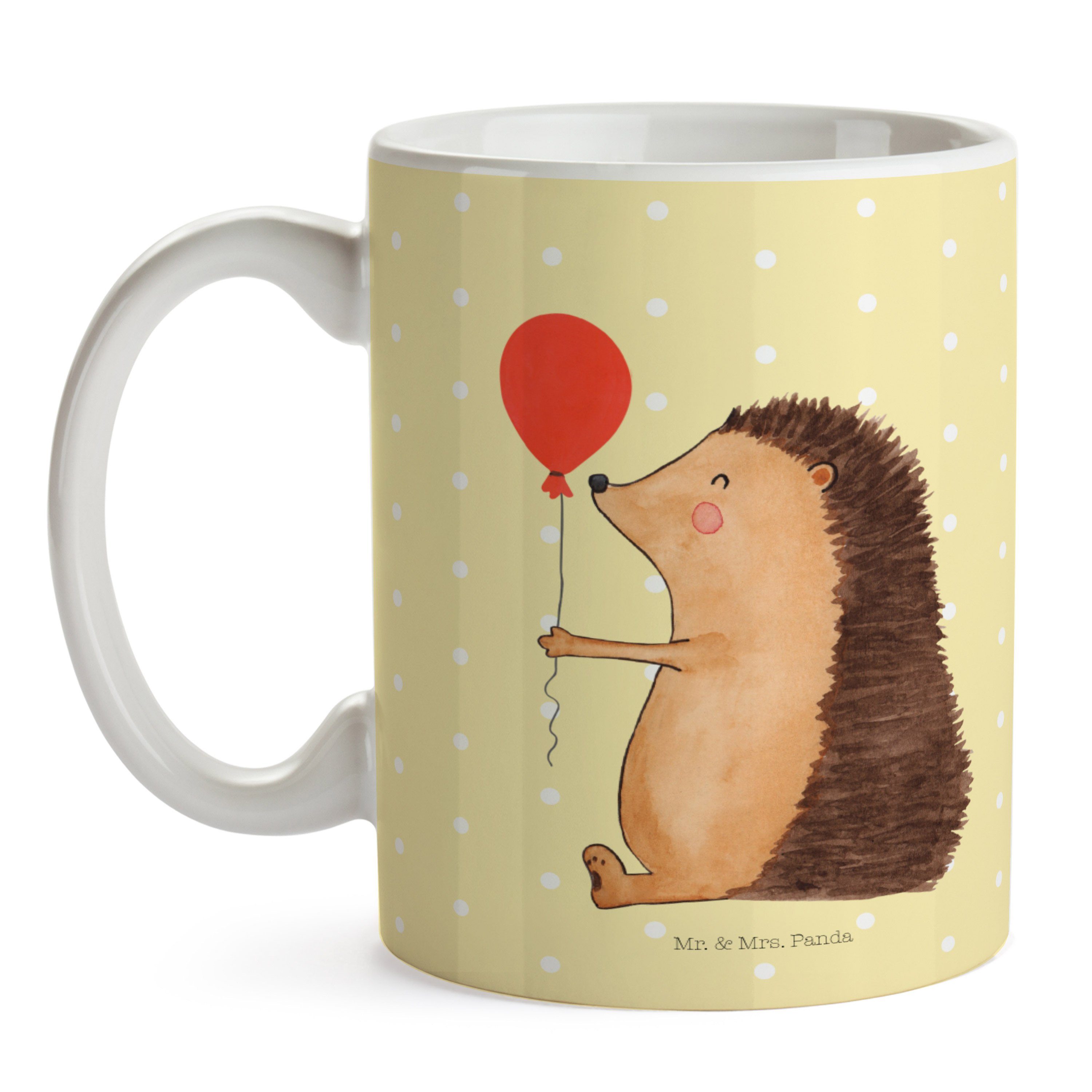 Panda Mr. Gebur, Keramik - mit Geschenk, Luftballon Gelb Pastell & lustige Tasse Igel - Mrs. Sprüche,