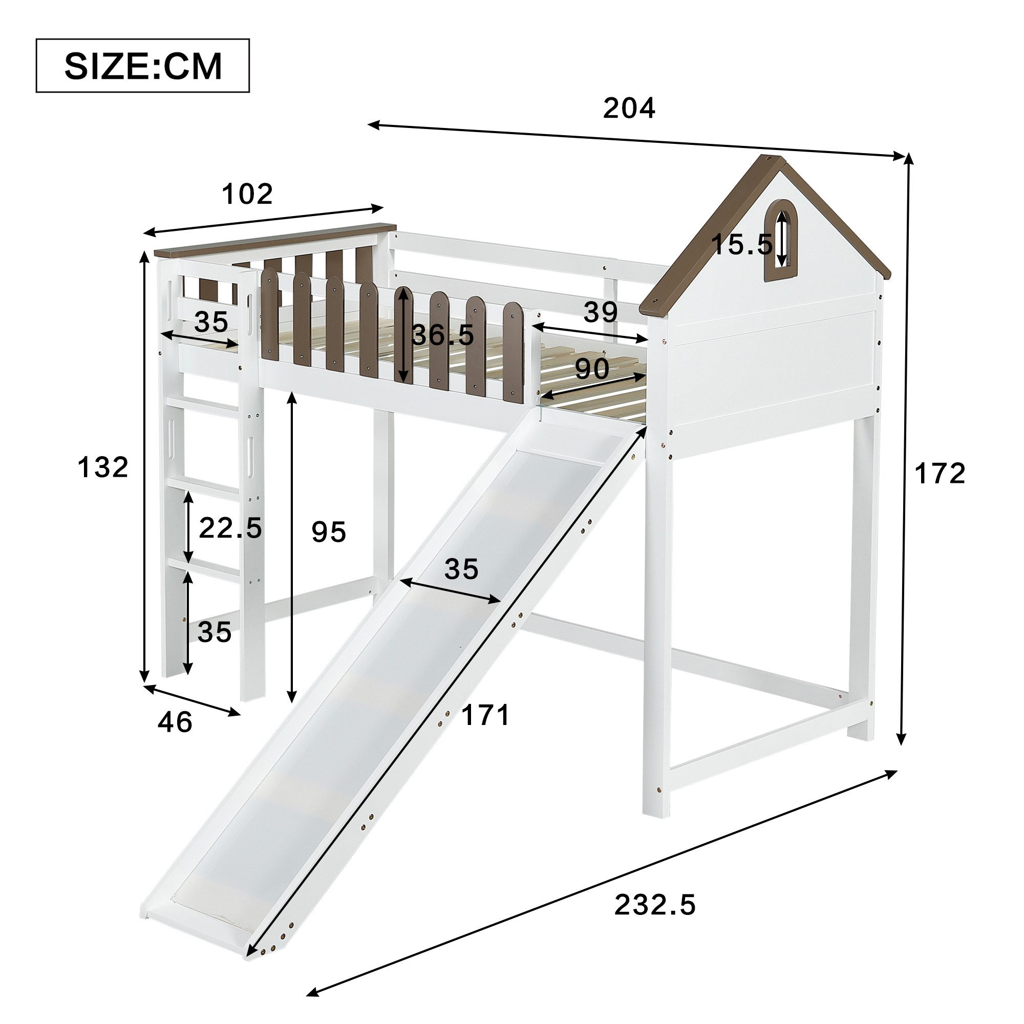 Merax loft bed (pine wood bed, bunk bed with roof and window) children's bed 90x200cm with slide and three-step ladder, house design