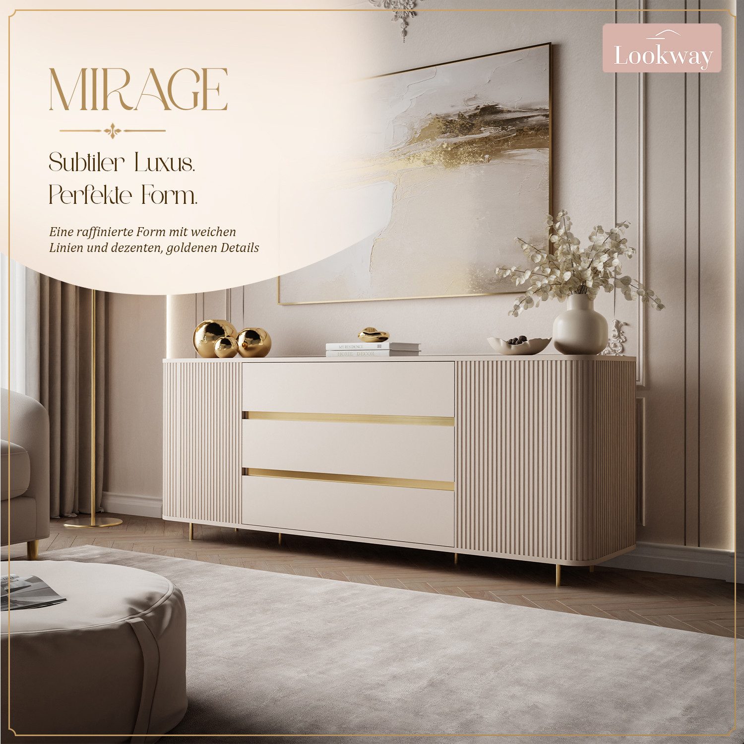 Lookway Kommode MIRAGE GOLD 2D3S mit gerillten Seiten und goldenen Details