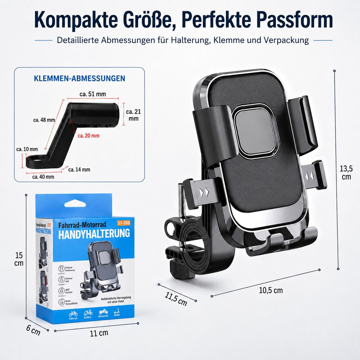 XEOOCE Fahrradhalter Fahrrad Handyhalterung, 6 Arm, Automatische Verriegelung, 360° (Packung, Einzelstück), 360° drehbar, Tasten bleiben zugänglich, Ladeanschluss freigehalten