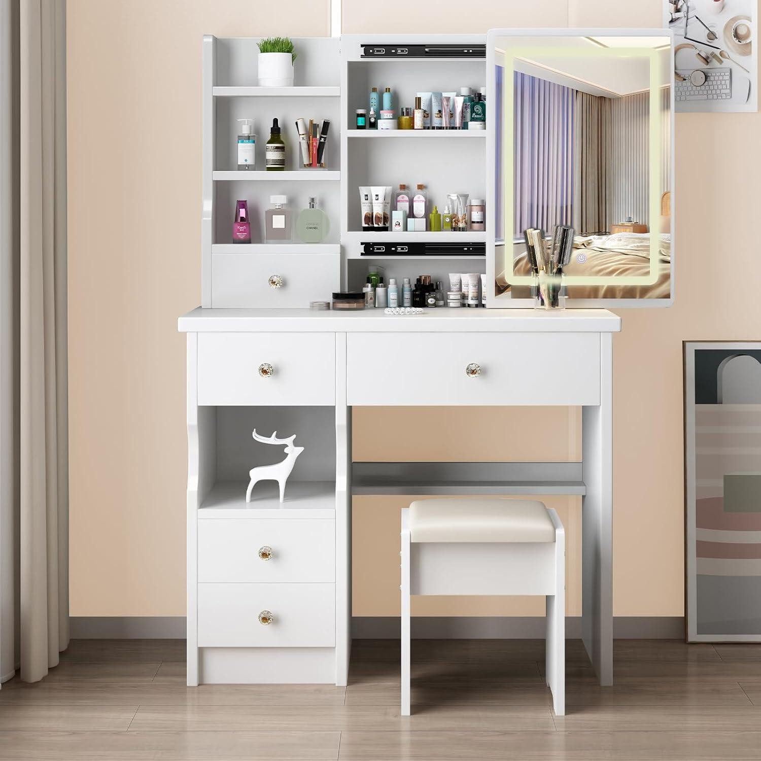 Schminktisch Schminktisch mit LED-Beleuchtung, Spiegel, Hocker, 3 Farbmodi, 5