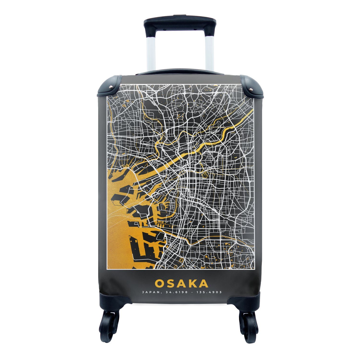MuchoWow Handgepäckkoffer Osaka - Karte - Stadtplan - Gold, 4 Rollen, Reisetasche mit rollen, Handgepäck für Ferien, Trolley, Reisekoffer