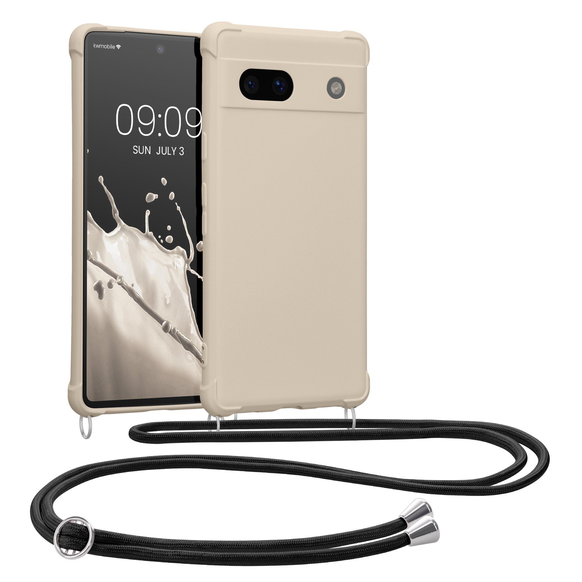 kwmobile Etui Hülle für Google Pixel 7a, mit Metall Kette zum Umhängen - Silikon Handy Cover Case Schutzhülle