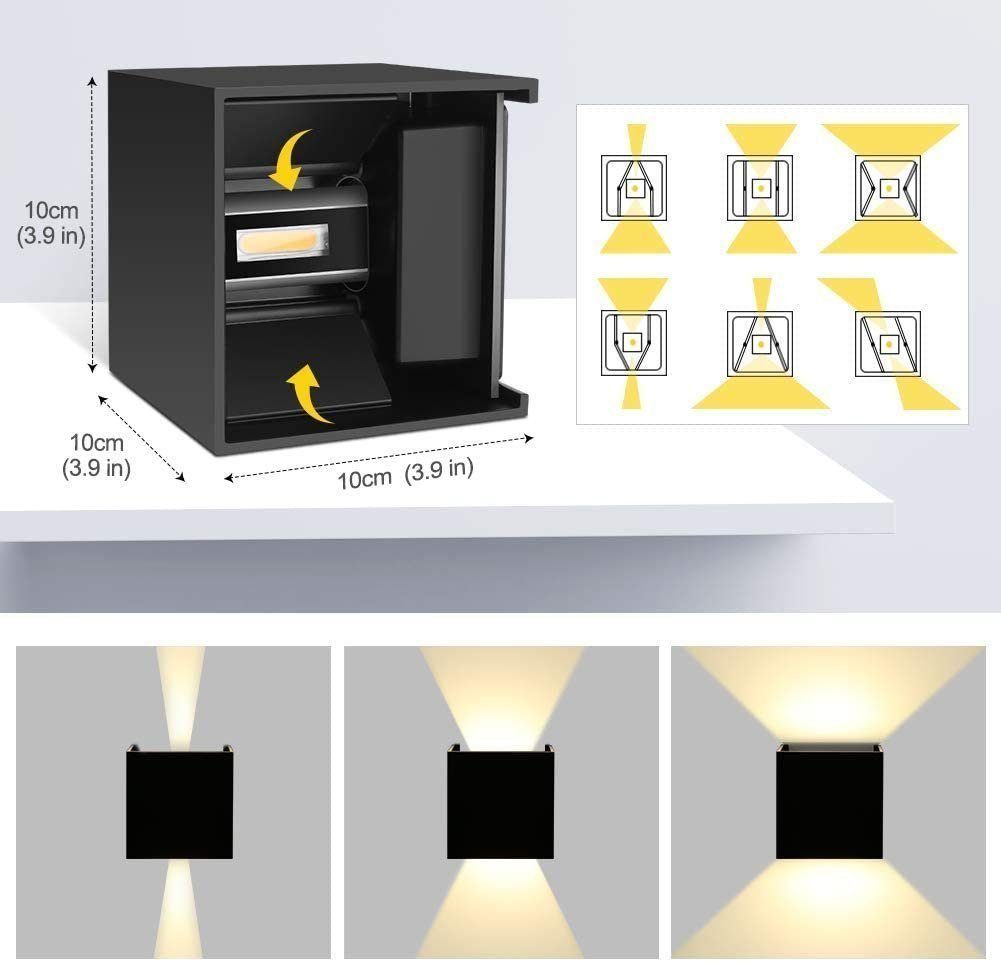 Verstellbarer LED Square Treppen Wandleuchte Eingangsflur LED Wasserdicht Wandlampe LETGOSPT Wandleuchte IP65 Strahl, integriert, LED Modern LED Wandstrahler 7W, Lampe Außen fest Warmweiß,