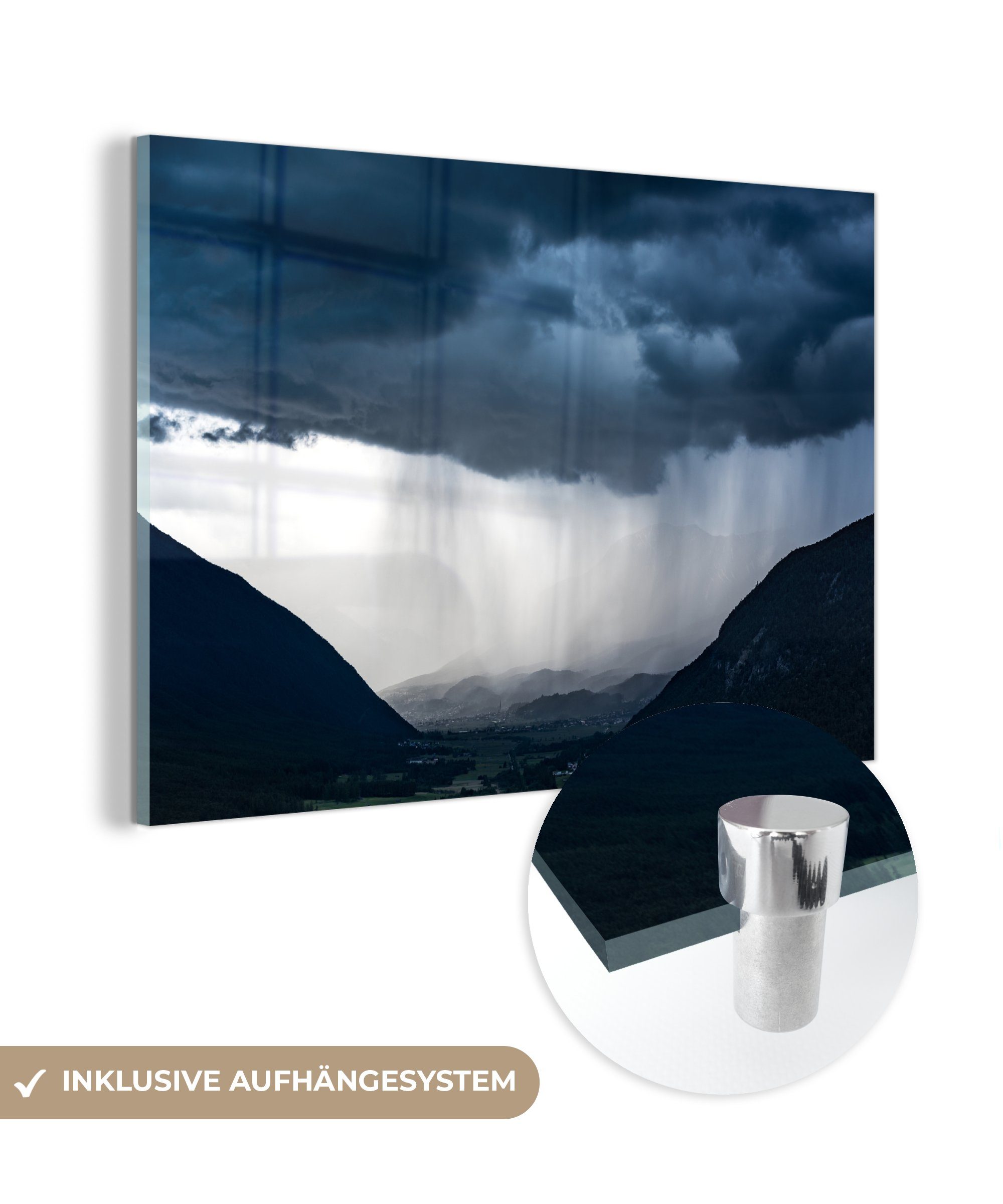 MuchoWow Acrylglasbild Regenschauer über einer Bergkette, (1 St), Acrylglasbilder Wohnzimmer & Schlafzimmer