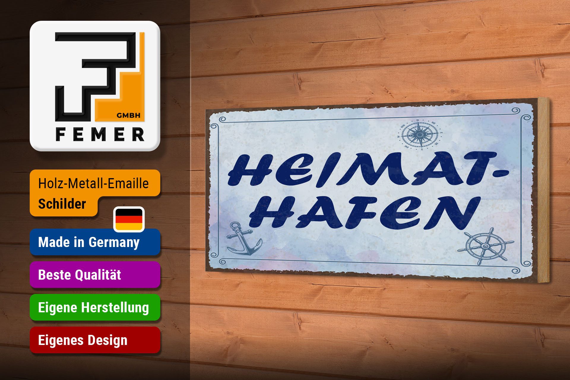 Femer GmbH Holzbild Spruch 27x10 cm Heimathafen blaues, (1 St), Glatte Holzfaserplatte (MDF), vorn beschichtet