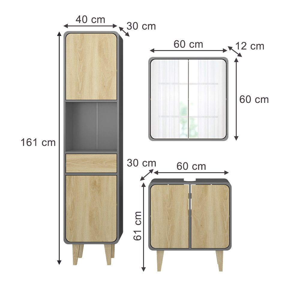 Vicco Badmöbel-Set Arla, Anthrazit/Eiche, 3 Teile, günstig online kaufen