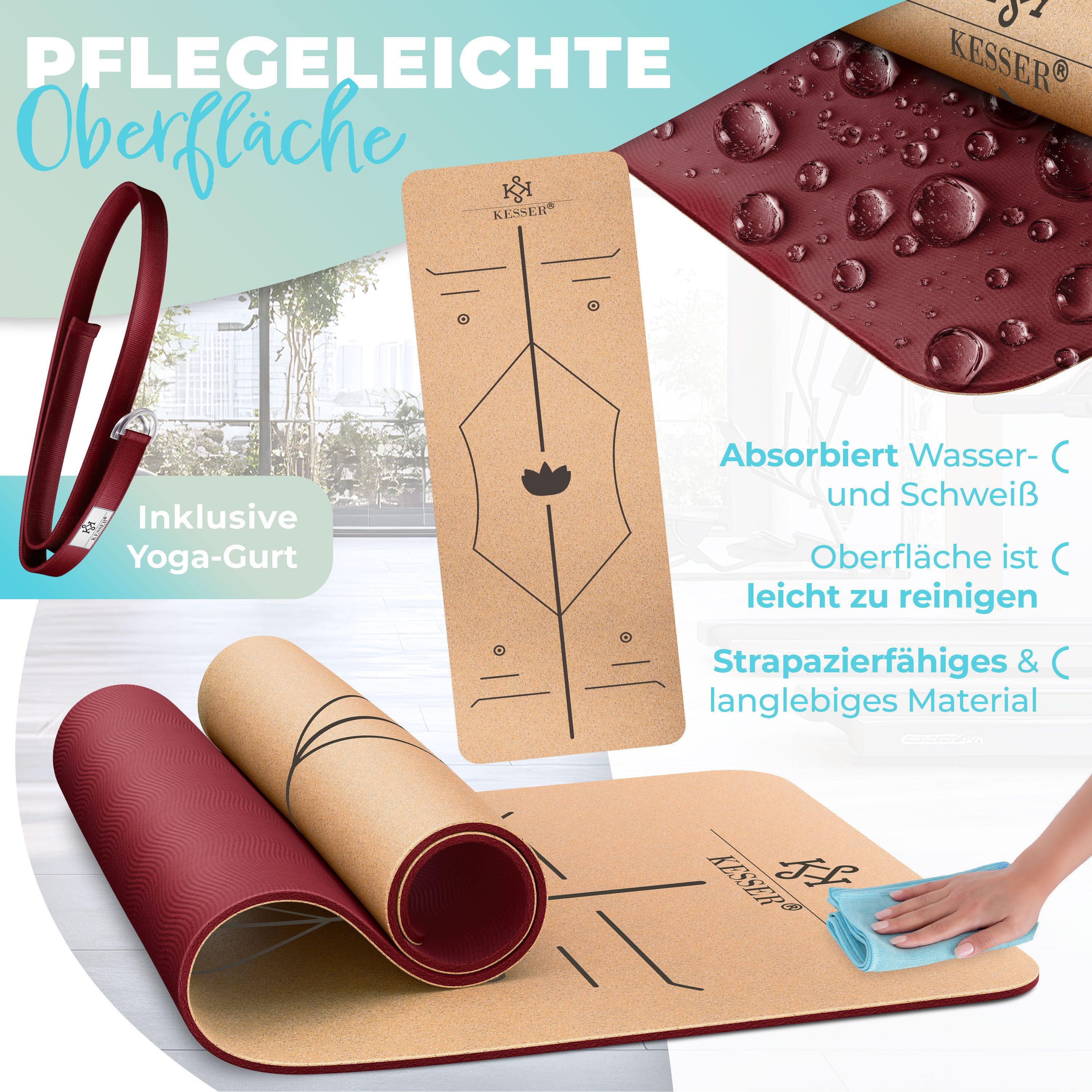 KESSER Yogamatte, Fitnessmatte Kork mit Tragegurt & Tasche Gymnastikmatte Trainingsmatte
