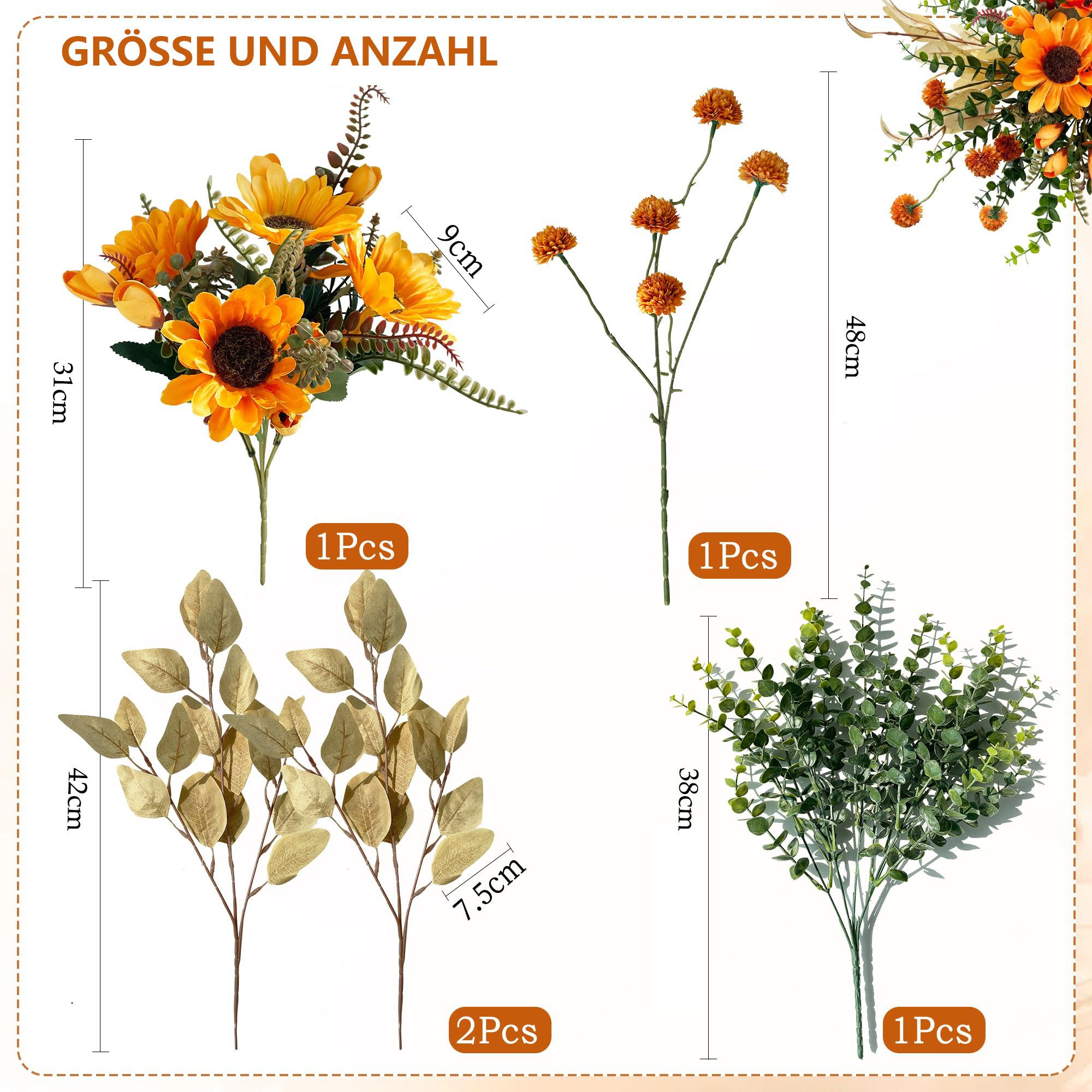Kunstblume Künstliche Herbstblumen Sonnenblumen, Herbststrauß Kunstblumen, FOUORTUNATE-BEE, für Tischdeko, Wohnzimmer und Erntedankfest – Bild 3 von 5