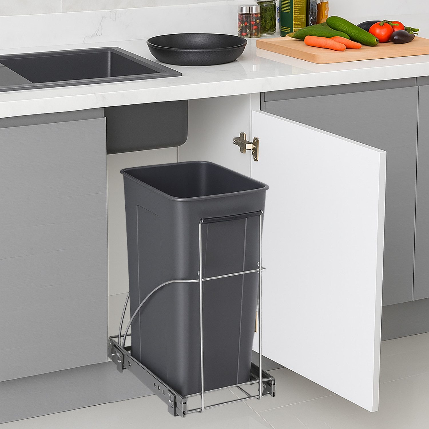 Refttenw Auszugsboden Schubladenauszüge für 34L Mülleimer Einbaumülleimer auszug, Spülschrank Organizer Lieferumfang ohne Abfalleimer