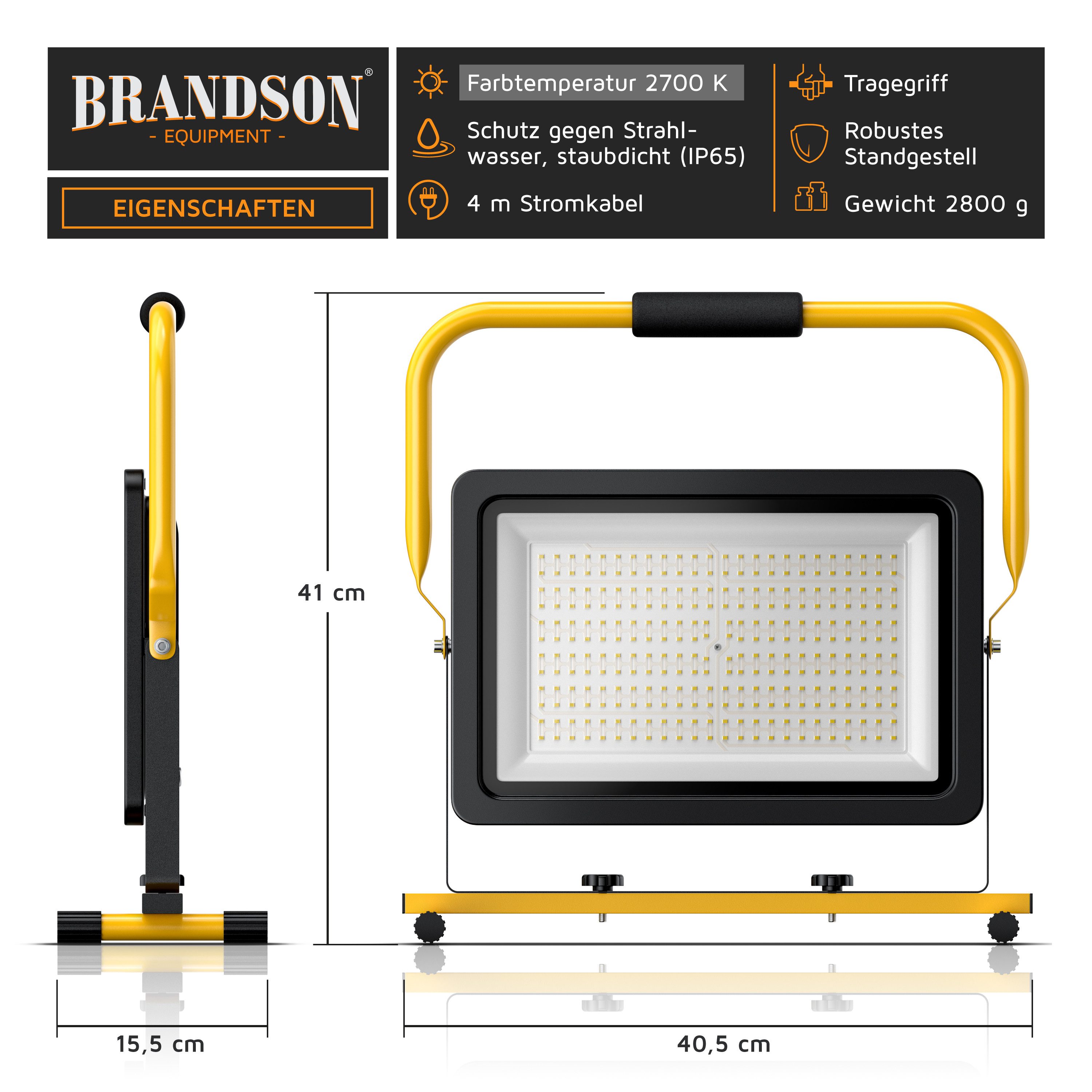 Brandson Baustrahler, LED fest integriert, Warmweiß, 150 Watt LED, Arbeitsscheinwerfer, Bauscheinwerfer, Arbeitsleuchte