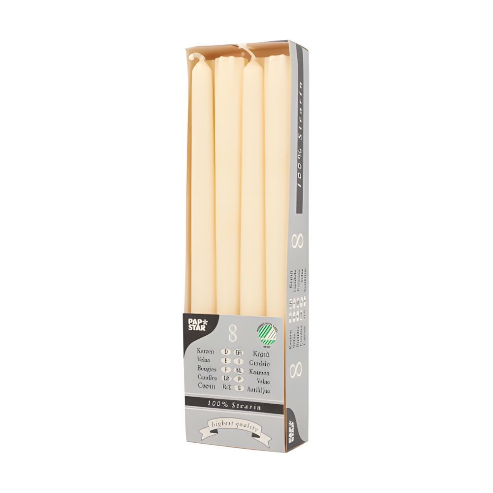 PAPSTAR Spitzkerze Leuchterkerzen Ø 2,2 cm, 25 cm creme aus 100 % Stearin 8 Stk