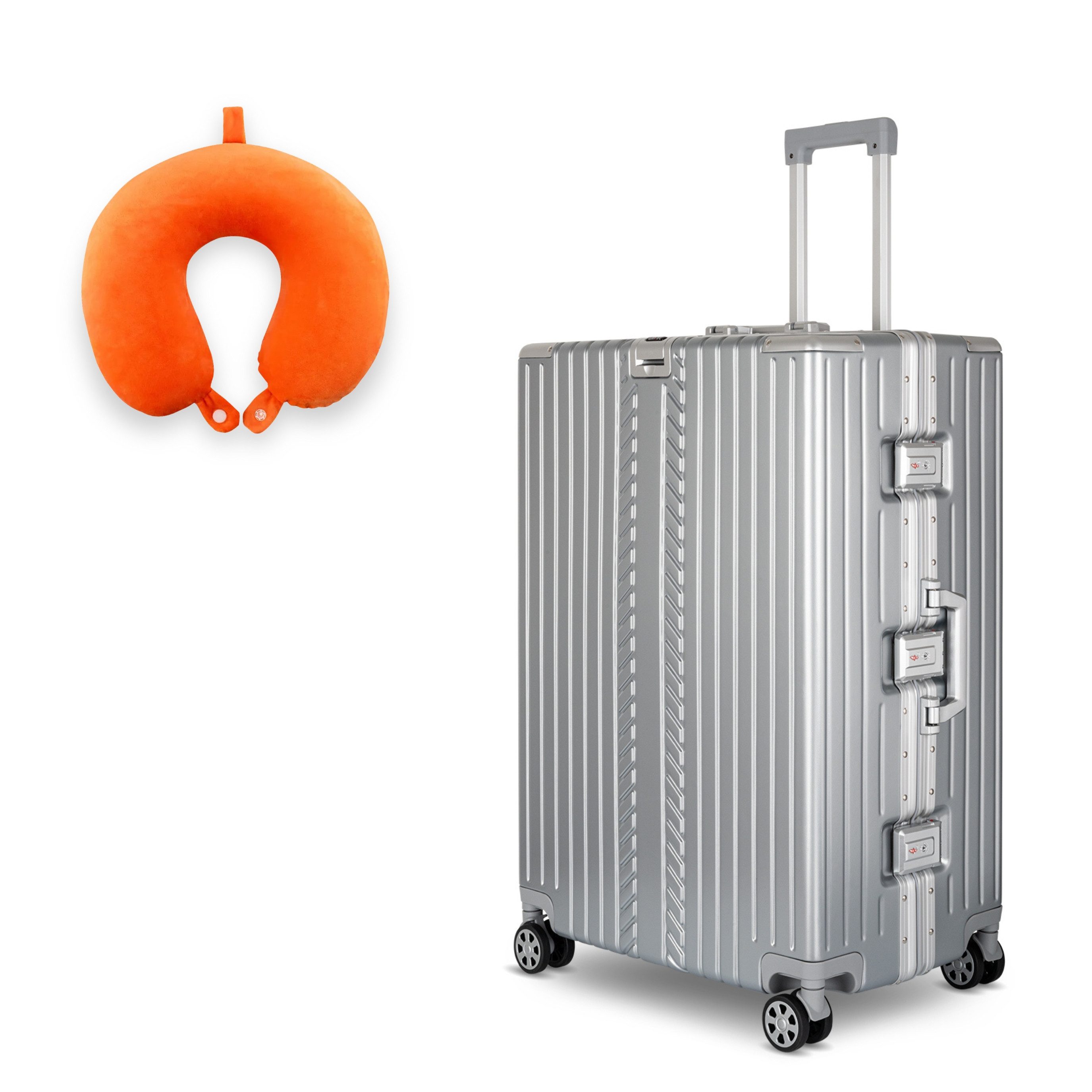 WINLIFE Trolley Hartschalen-Koffer Alu-Rahmen Silber Trolley M, L, XL + Nackenkissen, 4 Doppelrollen Rollen, ABS+PC-Hartschale, TSA-Zahlenschloss, 360°-Doppelrollen
