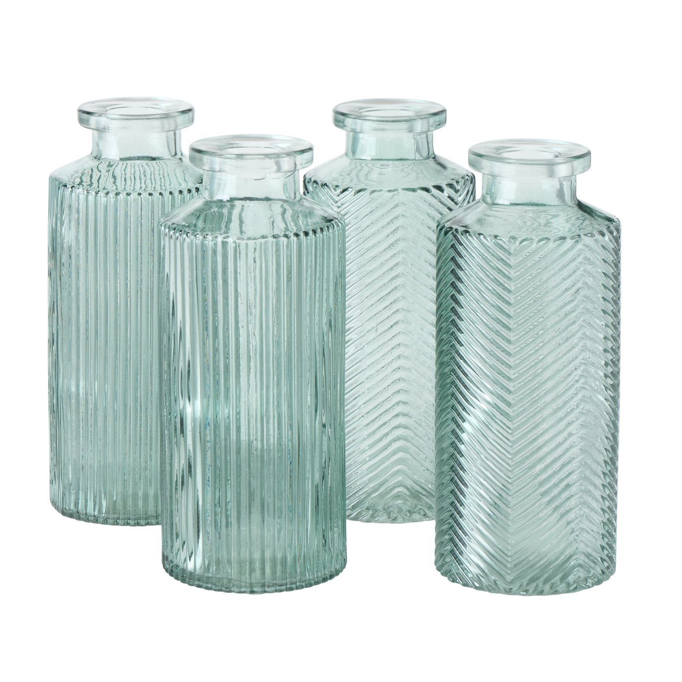 ReWu Blumenvase in Salbeigrün aus 4er Flaschenform - Dekovase im Glas Set