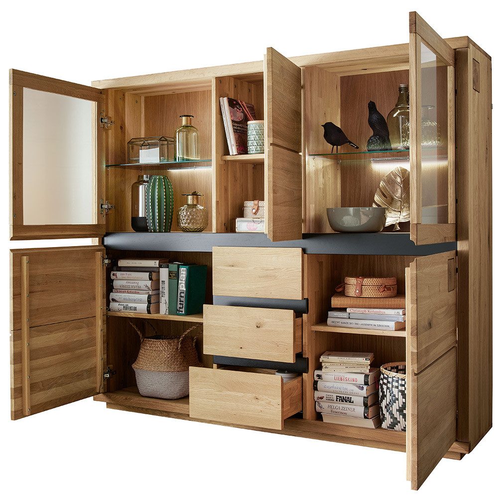 Lomadox Highboard WINCHESTER-69, Standvitrine Schrank 103 cm Eiche massiv geölt Hirnholz-Detail