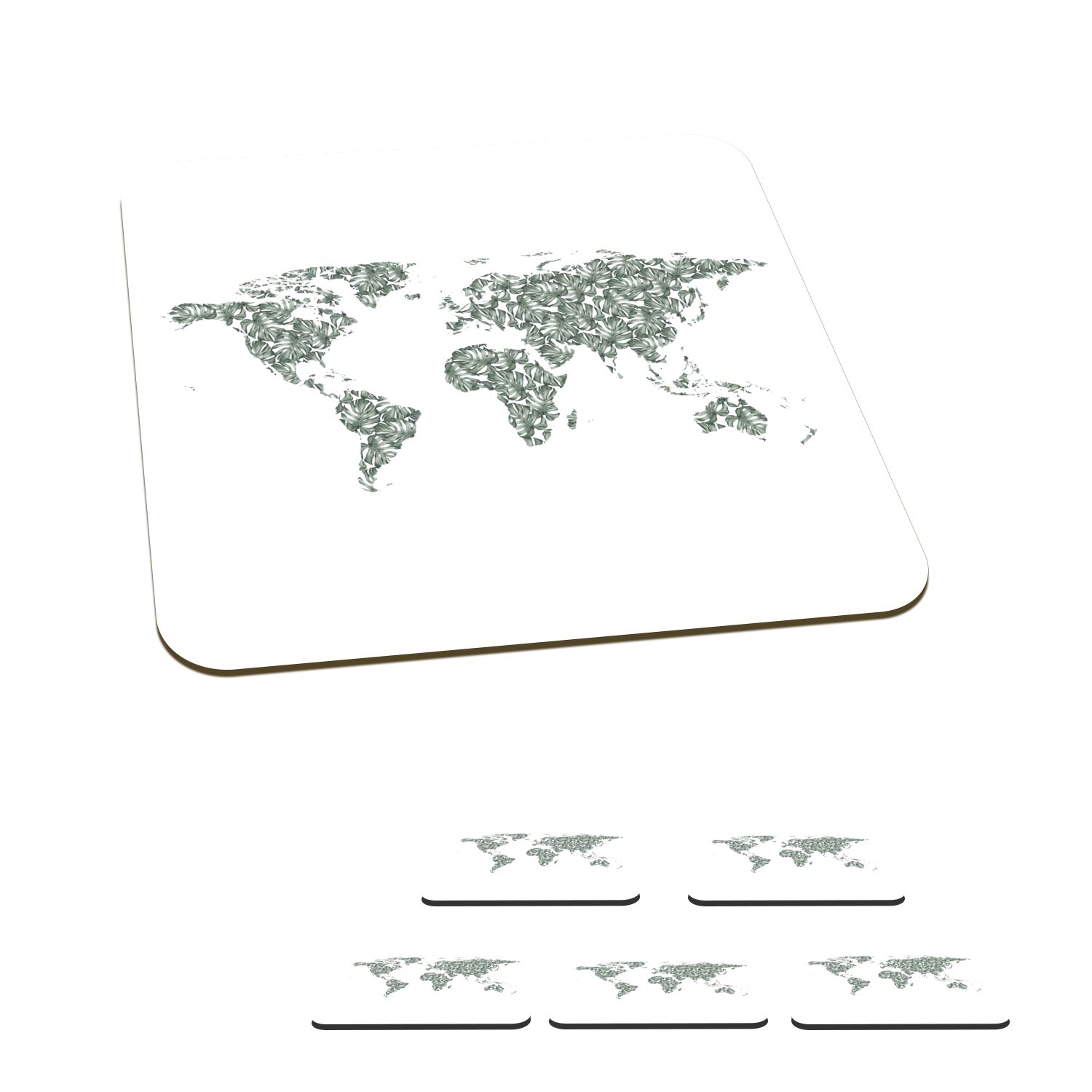 MuchoWow Glasuntersetzer Weltkarte - Blätter - Weiß, Zubehör für Gläser, 6-tlg., Glasuntersetzer, Tischuntersetzer, Korkuntersetzer, Untersetzer, Tasse