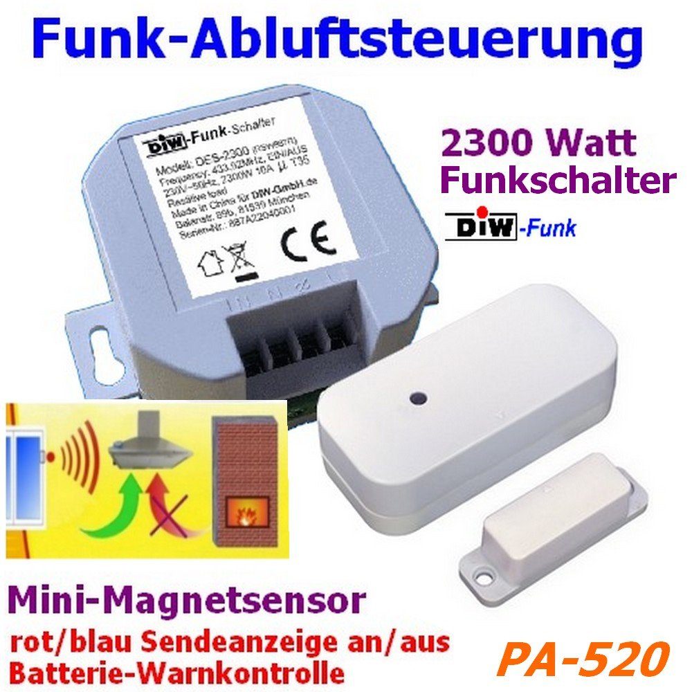 DIW-Funk Funk-Empfangsmodul DIW-Funk Einbau Abluftsteuerung PA-520 Komplettset, für Innenräume, Spar-Set, Komplettset, Batteriewarnung an Fensterkontakt