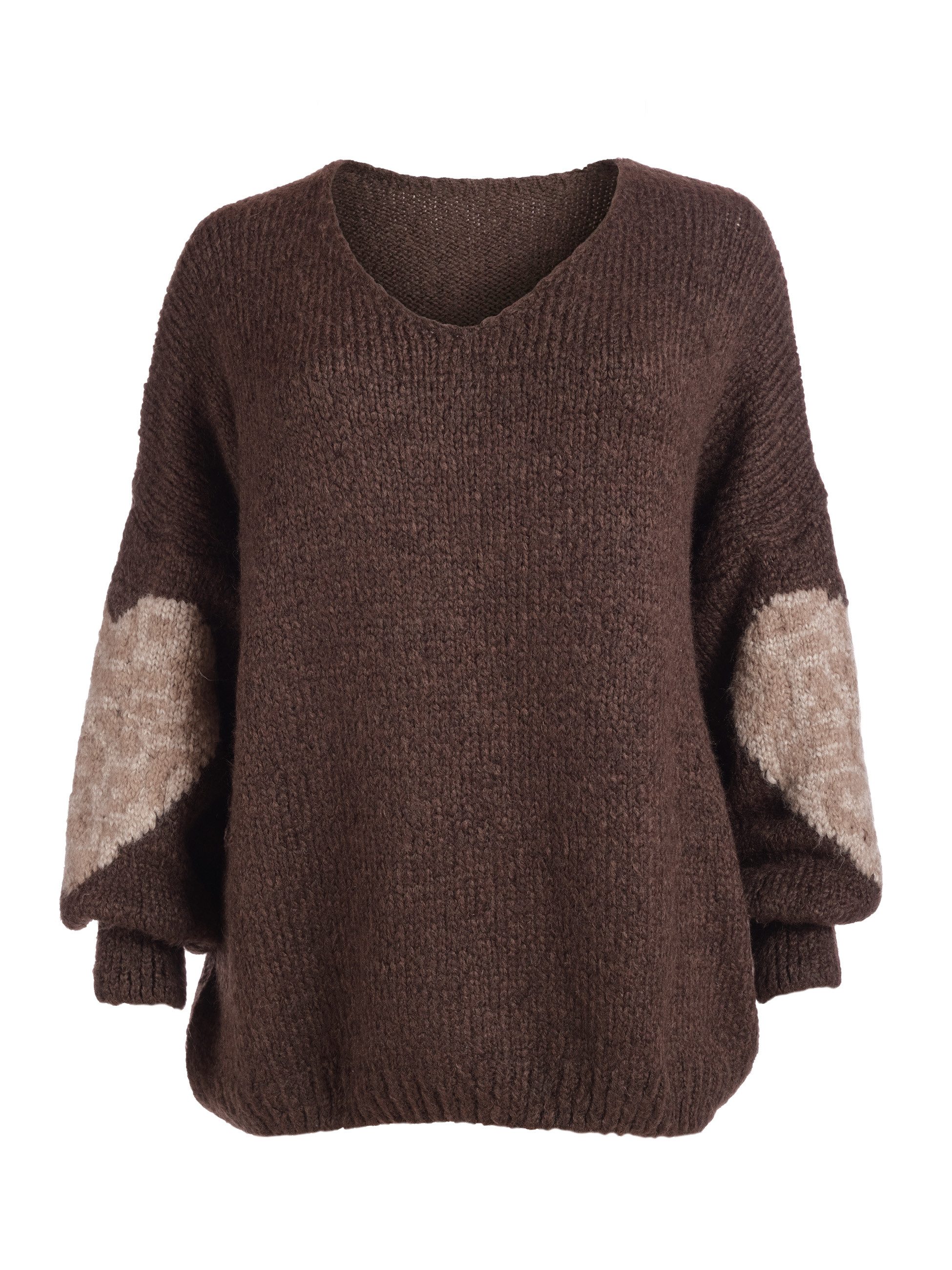PEKIVESSA Strickpullover Oversized Pullover mit V-Ausschnitt Ärmel mit Herz-Motiv und Leopardenmuster