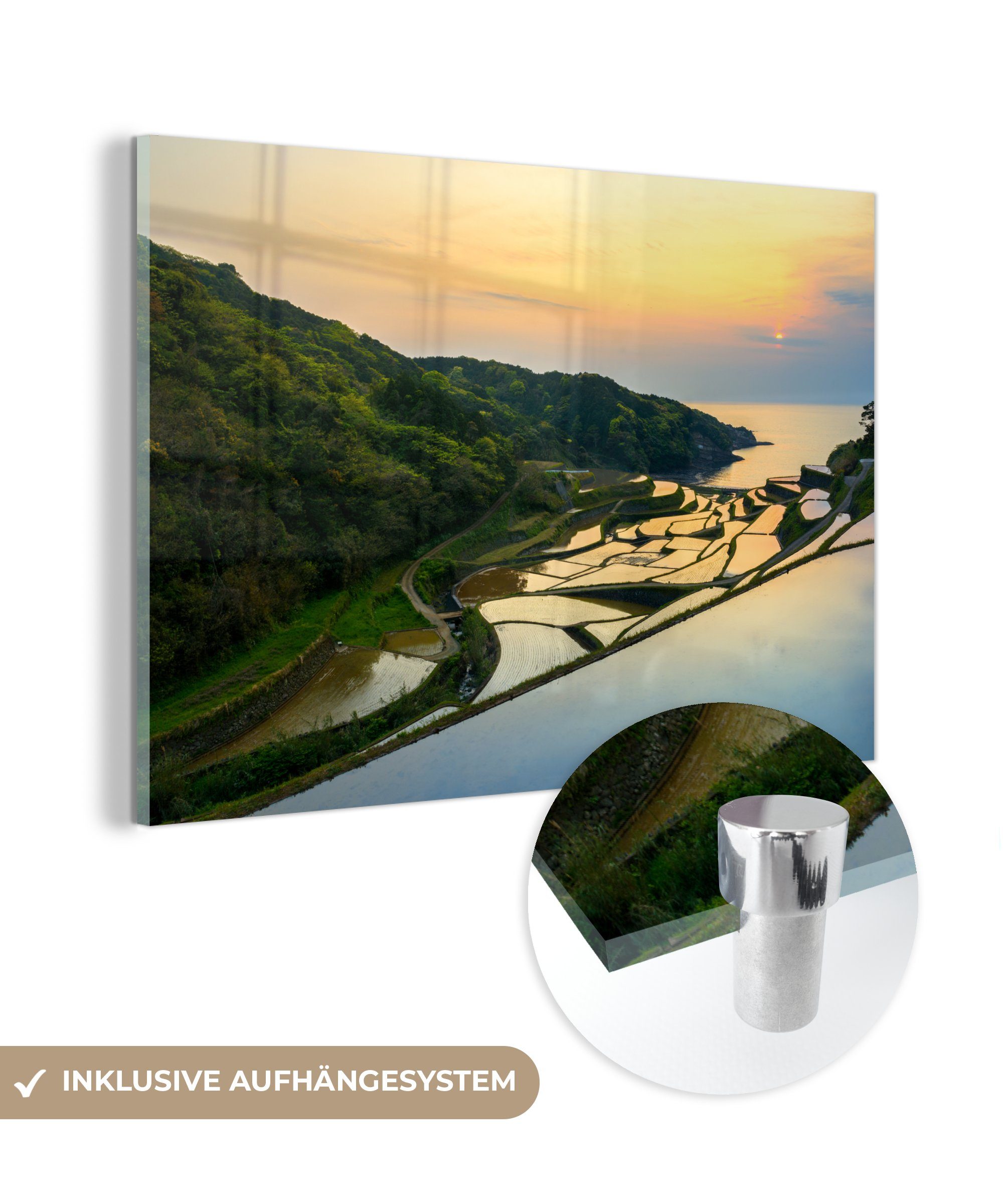 MuchoWow Acrylglasbild Wunderschöner Sonnenuntergang beleuchtet Chinas Reisfelder, (1 St), Acrylglasbilder Wohnzimmer & Schlafzimmer | Bilder
