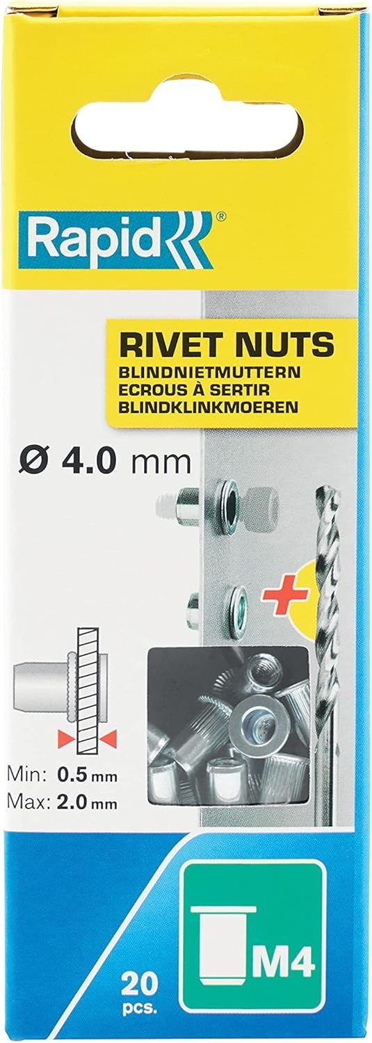 Rapid Nagel Rapid Nietmuttern M4 0,5 bis 2 mm 20 Stück Stahl, Effiziente Leistung und einfache Verankerung: Robuste M4-Nietmuttern