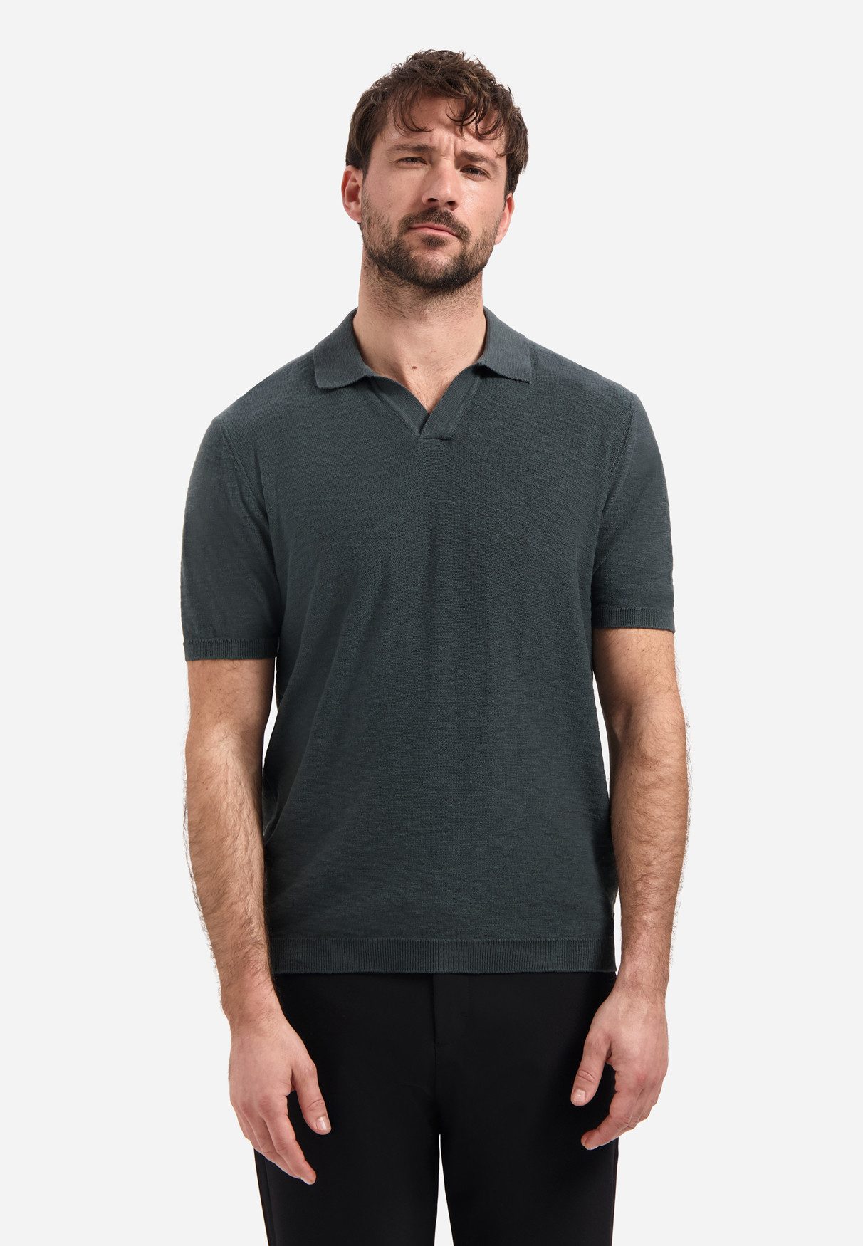 NO EXCESS Poloshirt Pullover Short Sleeve V-Polo Slub