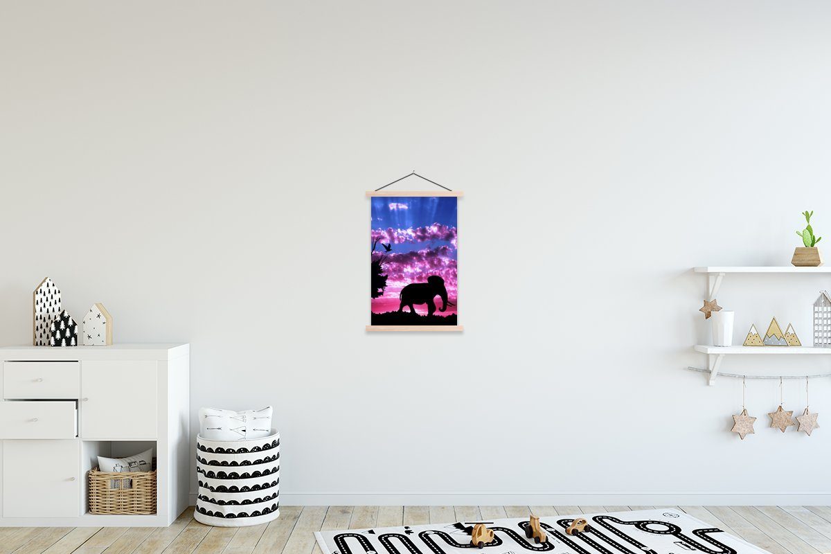 MuchoWow Poster Elefant - Vogel - Lila - Rosa, (1 St), Posterleiste, Textilposter für Wohnzimmer, Bilderleiste, Magnetisch