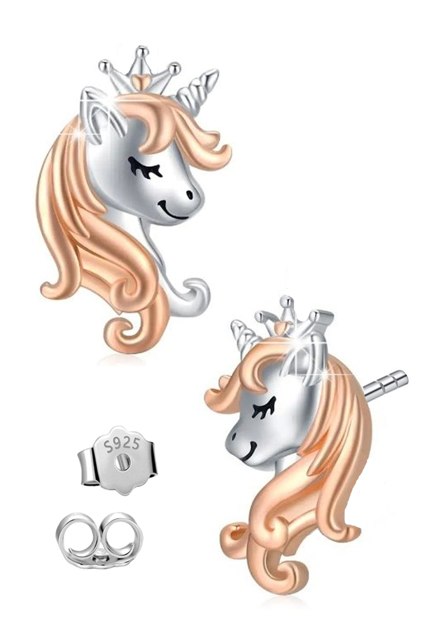 Limana Paar Ohrstecker Ohrringe 925 Silber rosegold Pferde Einhörner für Mädchen Damen Kinder (Schmuck Kinderschmuck Echtschmuck mit Dose), Geschenk Ostern Weihnachten Geburtstag Einschulung Schulanfang