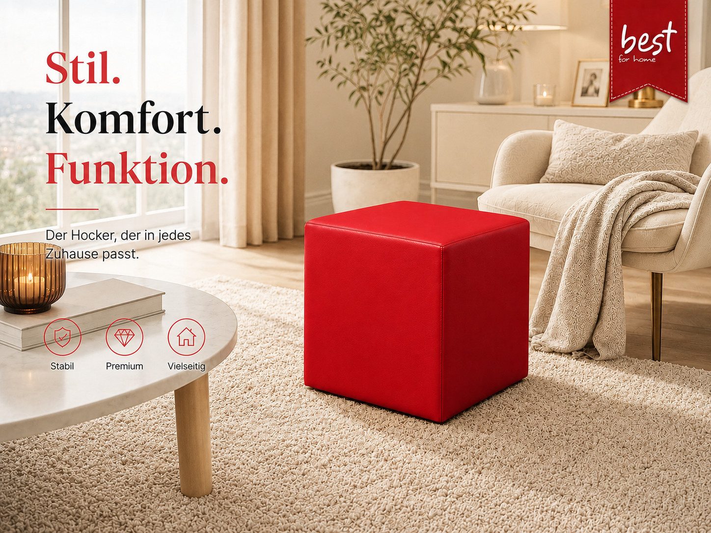 Best for Home Sitzhocker Sitzwürfel 40x40x40 cm – Multifunktionaler Sitzhocker & Fußhocker (Einzelstück, 1 St., verschiedene Farben), Handwerksqualität, pflegel – Bild 5 von 5