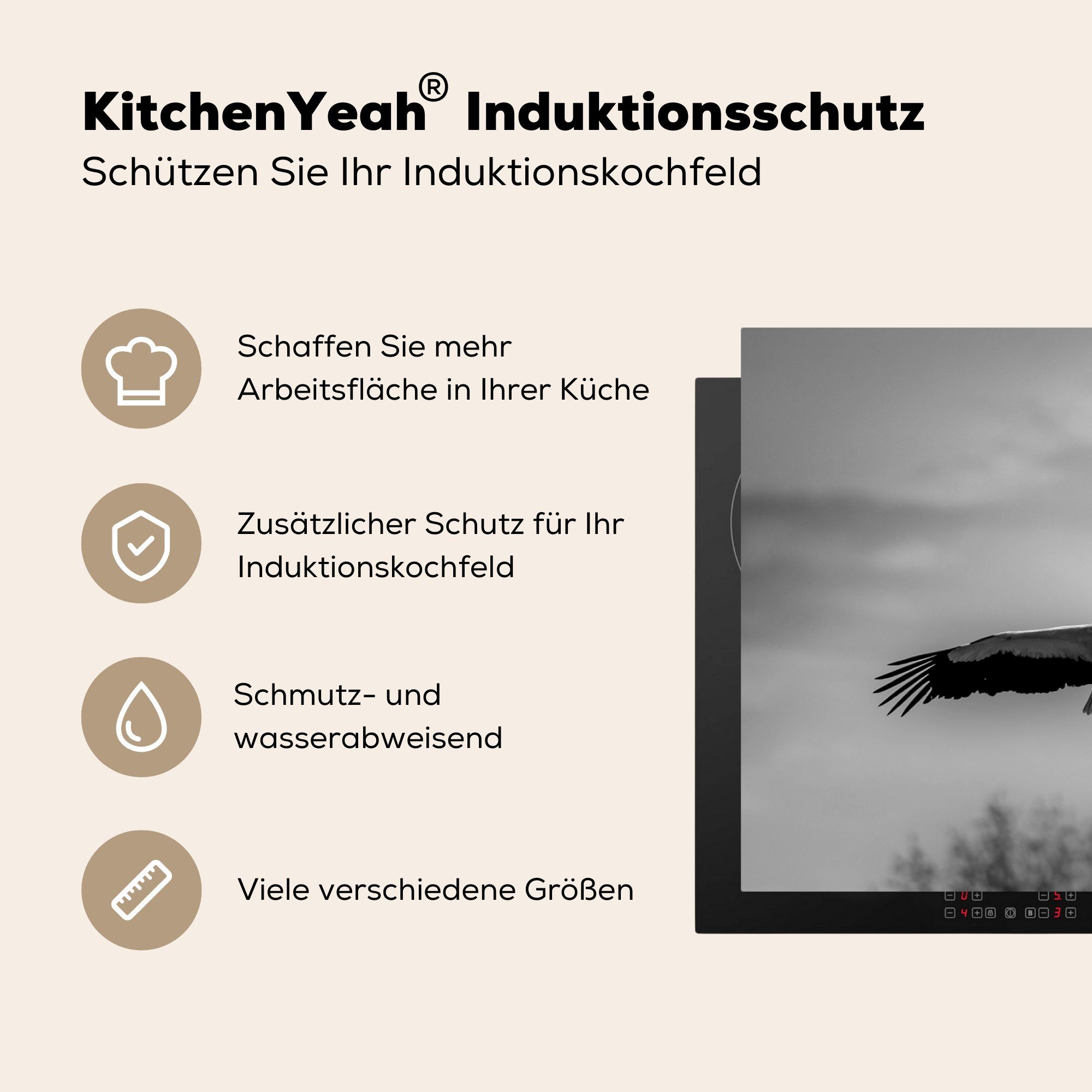 eines MuchoWow 90x52 Induktionsmatte tlg), Herdblende-/Abdeckplatte küche, Schönes schwarz-weiß, Storchs, Ceranfeldabdeckung landet Nest Vinyl, (1 für in cm, seinem die Foto der -