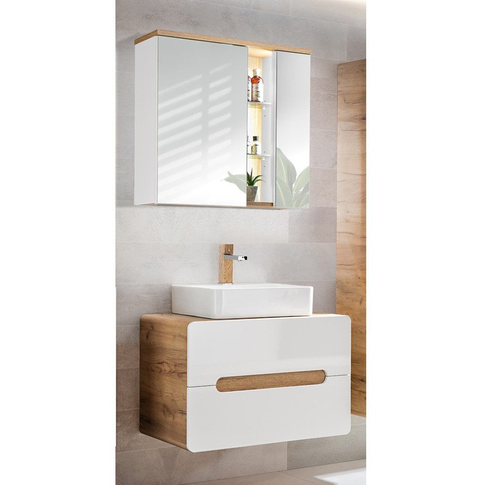 Lomadox Badmöbel-Set LUTON-56, (Spar-Set, 2-St), Eiche Nb. mit Keramik-Waschtisch und LED-Spiegelschrank 80/195/46 cm