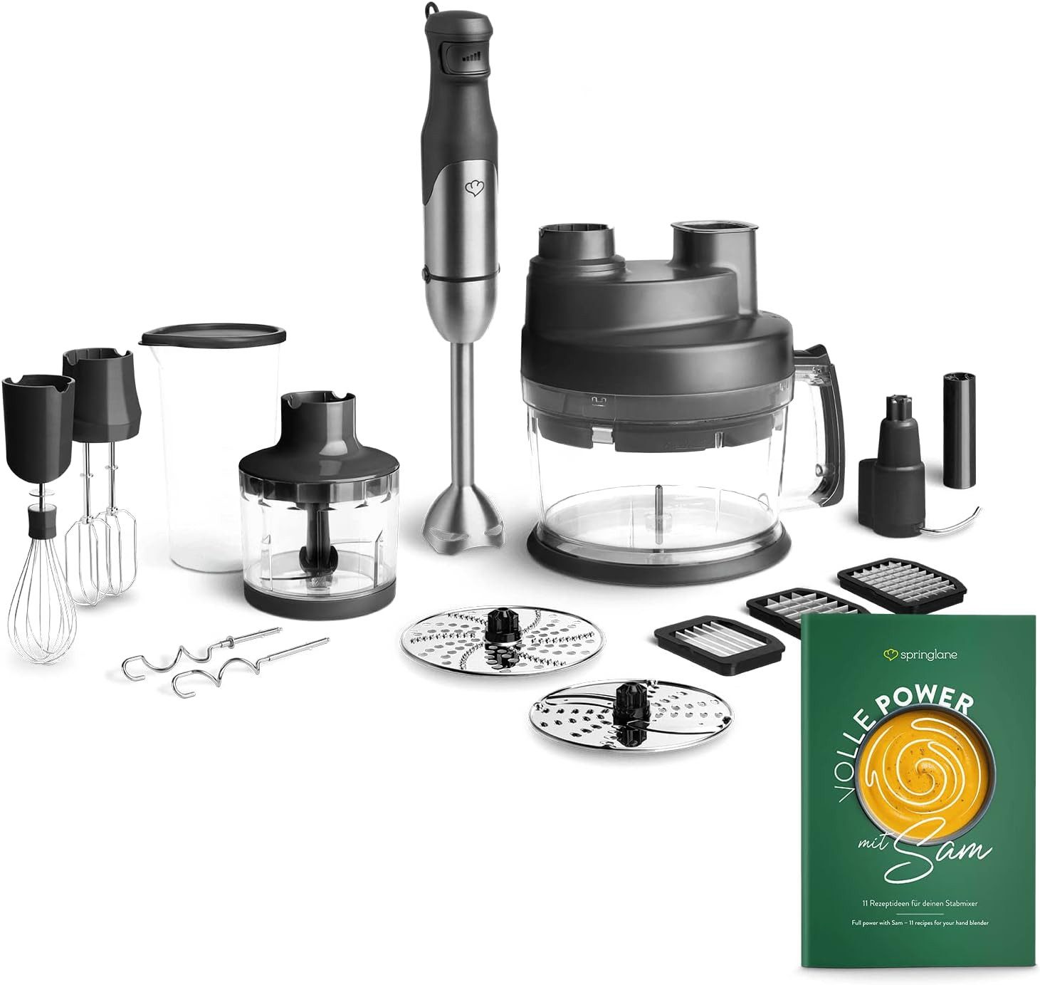 Springlane Stabmixer Set Sam aus Edelstahl inkl. inkl. Pürierstab, Behälter mit Deckel, 800,00 W, Zerkleinerer, Schneebesen, Rühr- & Knethaken & Küchenmaschine