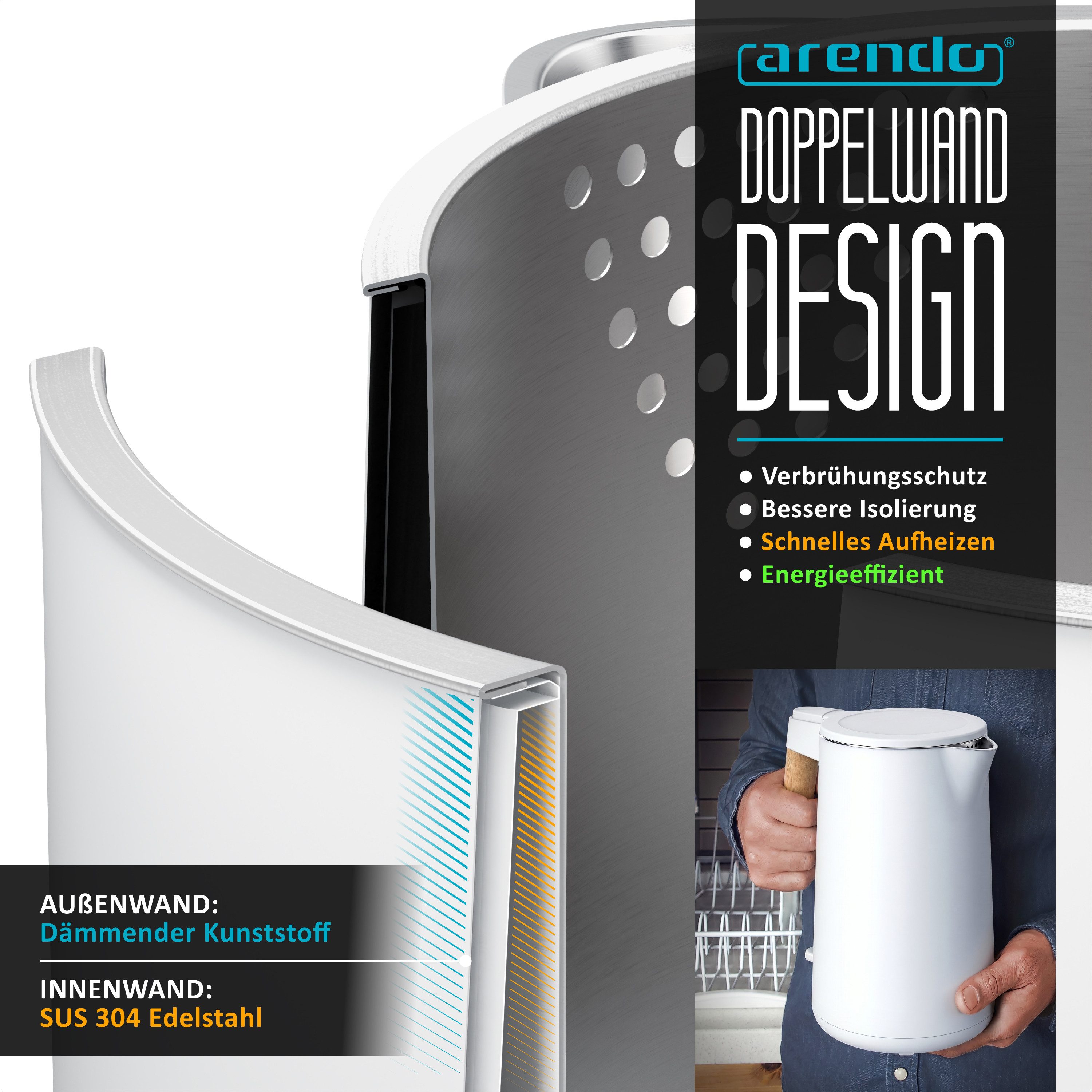 Arendo Wasserkocher Edelstahl, Doppelwand, Cool-Touch, 360° Basis, mit Griff in Holzoptik, 1,5 l, 2200 W, Trockengehschutz & Überhitzungsschutz, BPA-frei, GS Geprüft