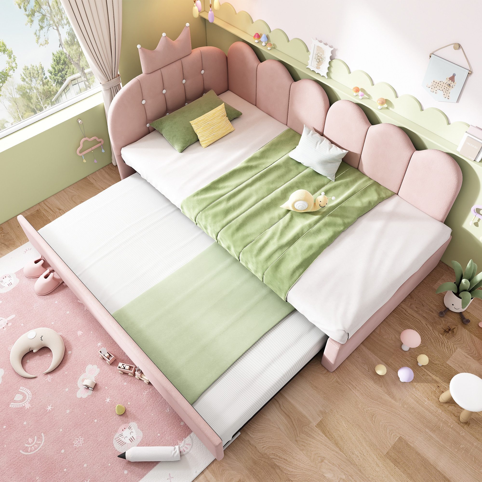 Flieks Polsterbett, Daybett L-Form 90x200cm mit Kronen-Design und Ausziehbett 90x190cm