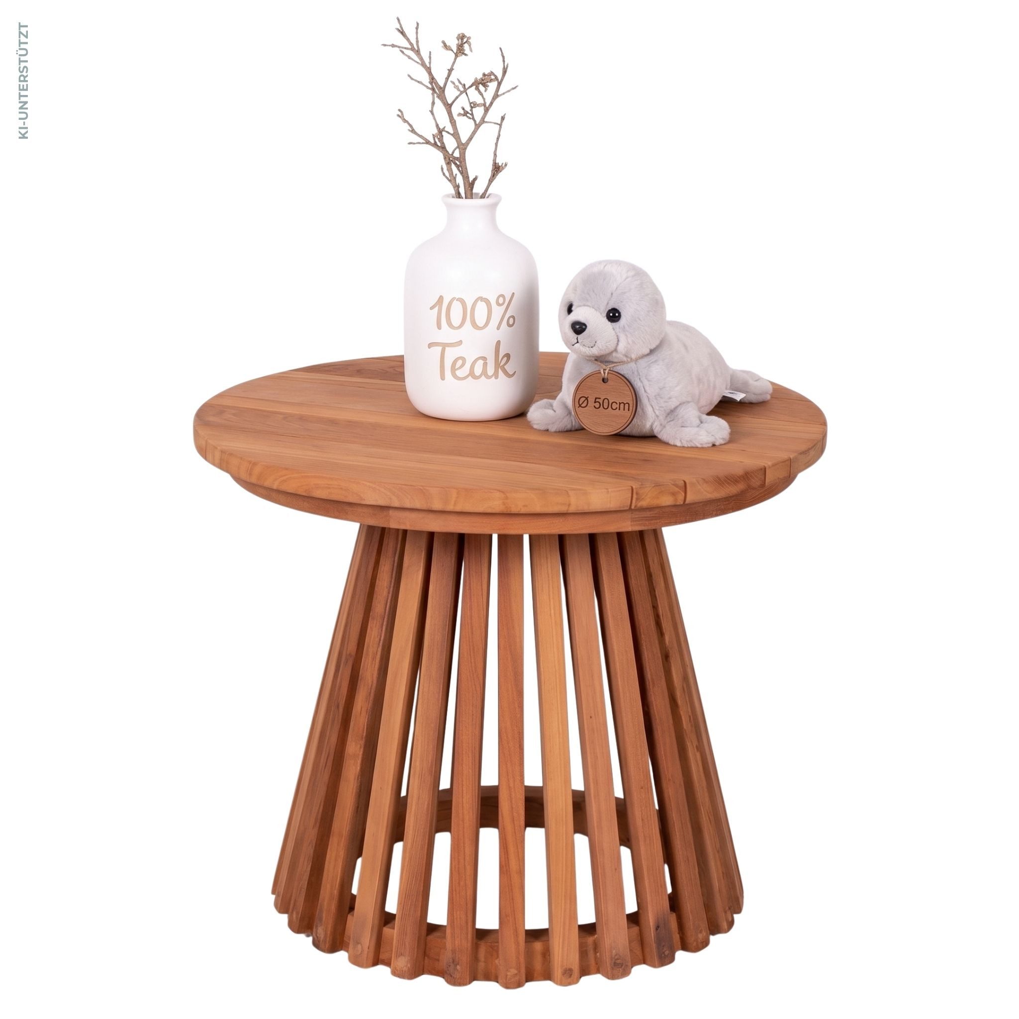 MR.DEKO Beistelltisch Bolton Teakholz Ablagetisch rund, Holztisch wetterfest für draußen (Ideal zu Deckchairs kombinierbar – für drinnen & draußen geeignet, 1-St), Plantagen-Teak Vollholz – wetterfest, vielseitig, leicht montierbar