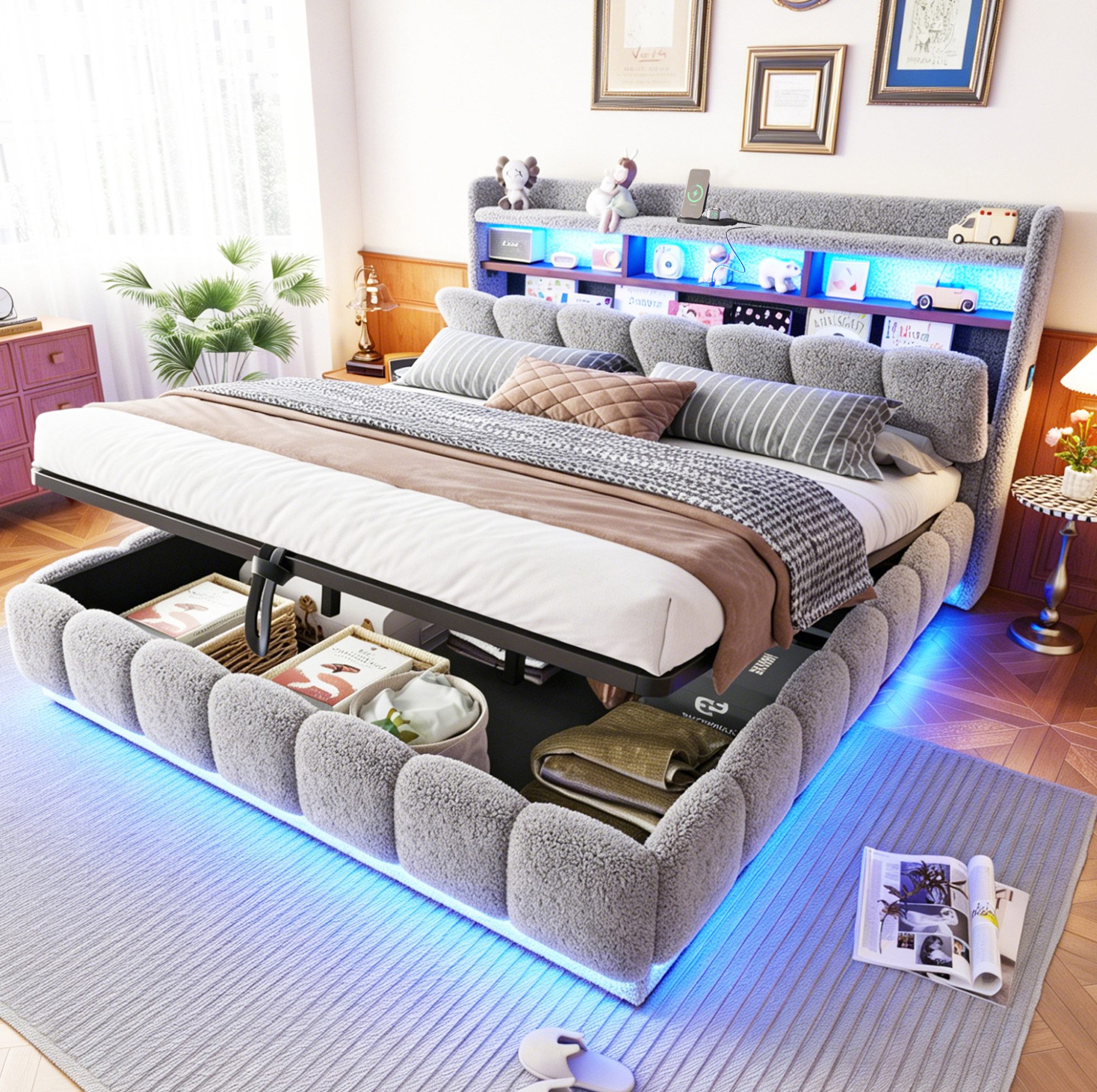 MODFU Polsterbett mit LED-Lichtleiste und USB-Anschluss, Stauraumbett (180x200 cm, Lammfell-Optik-Oberfläche, hydraulischem Stauraum sowie stabilem Metall-Lattenrost, 1-tlg., Doppelbett Funktionsbett), ohne Matratze