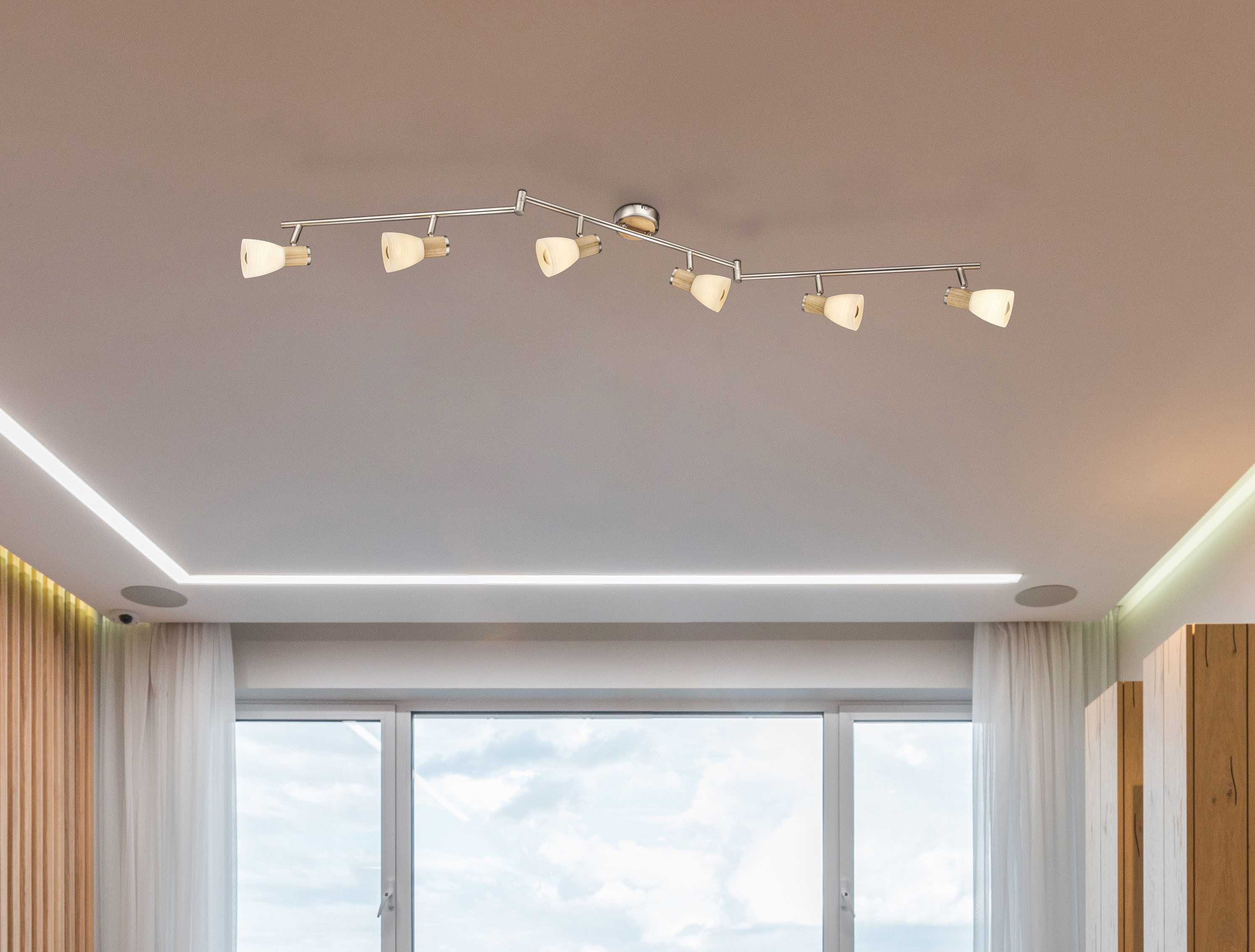 GLOBO LIGHTING Deckenspot GYLFI, ohne Leuchtmittel, Strahler Nickel/Holz, Glas opal/gestreift, E14