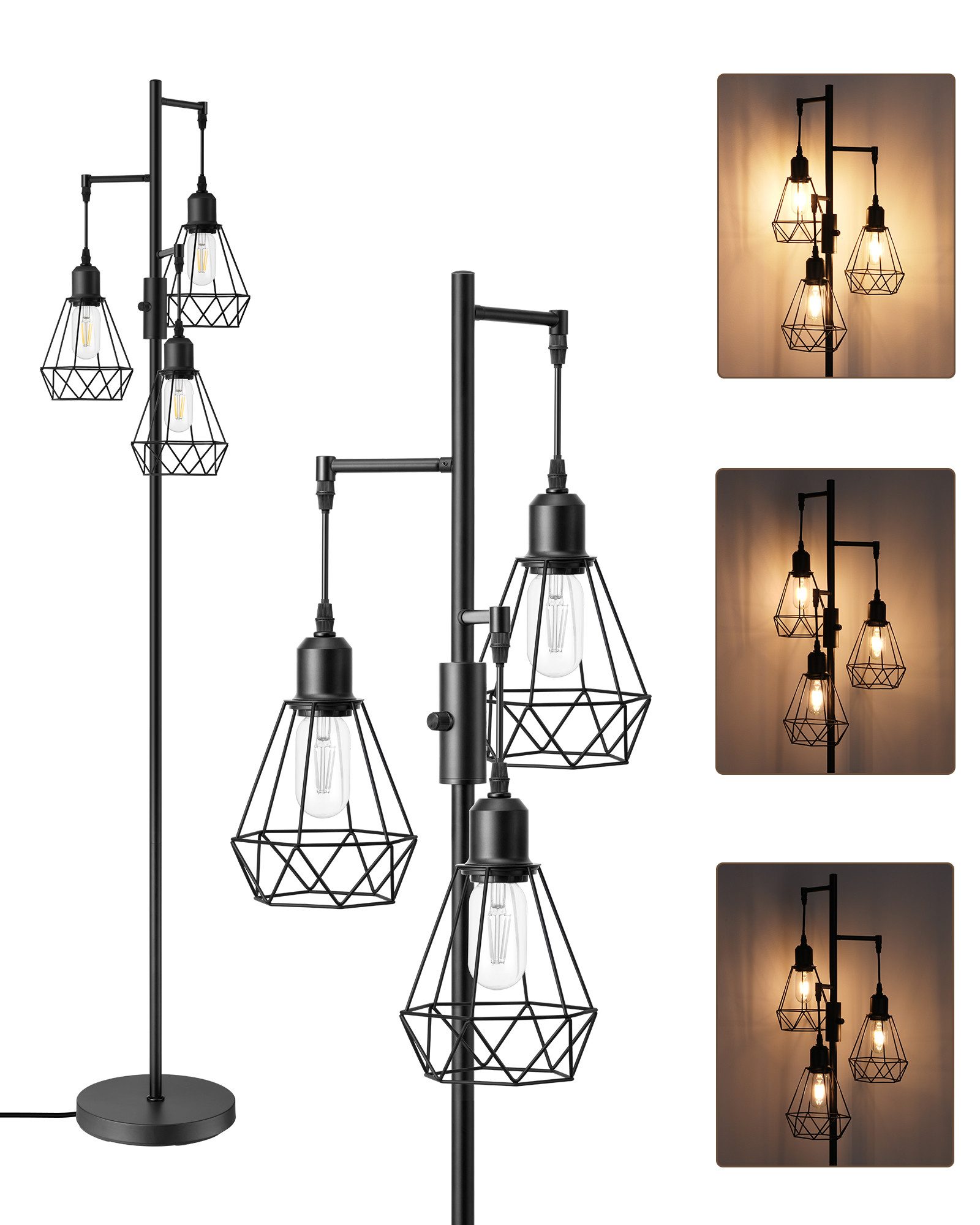 EDISHINE Stehlampe Wohnzimmer Dimmbar, 3-flammige Stehleuchte Industrial, LED wechselbar, Warmweiß, 3 Käfig Lampenschirm aus Metall