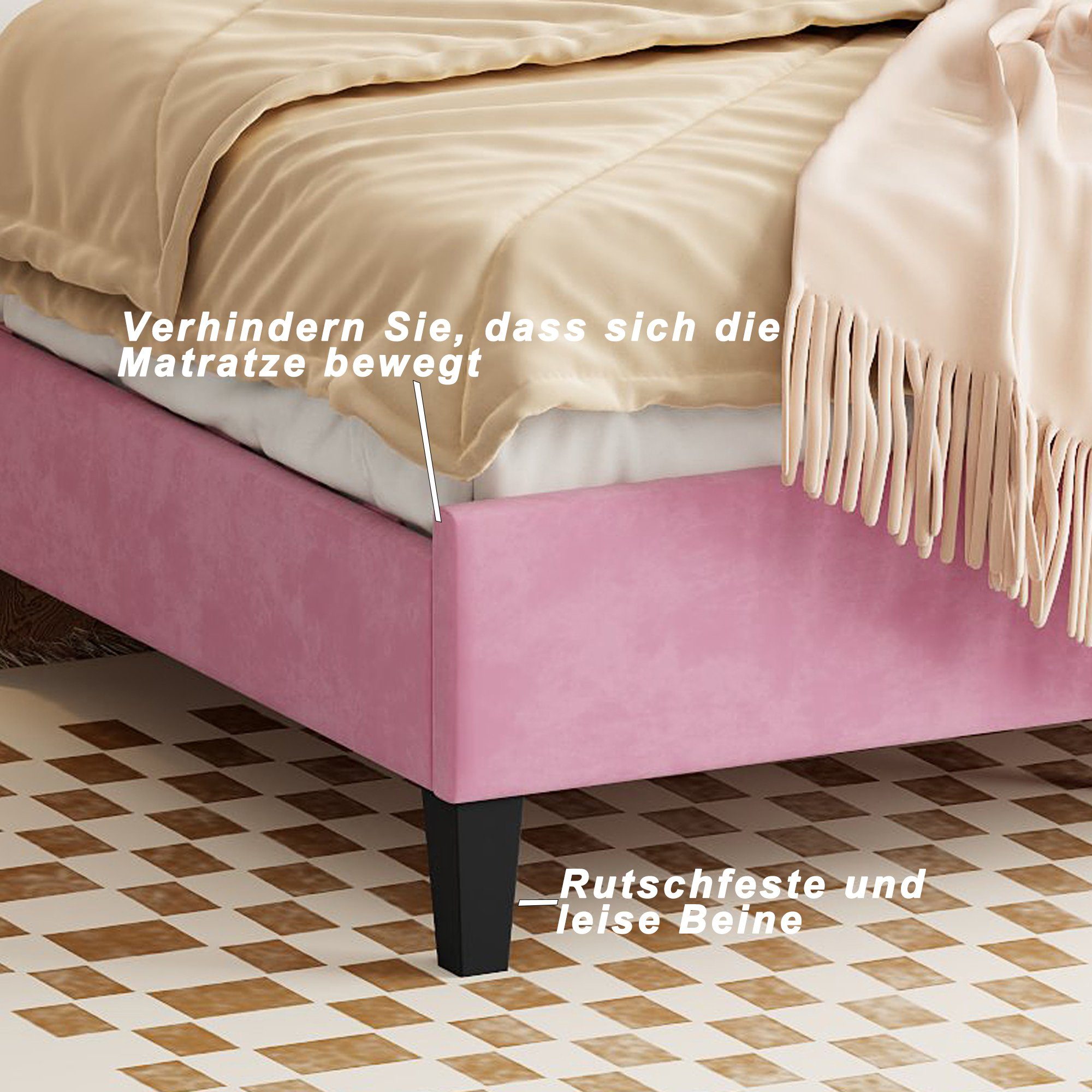 OKWISH Bett Gästebett, Polsterbett Doppelbett 140 x 200 cm (Samtstoff, mit blumenförmigem Kopfteil und Lattenrost), Ohne Matratze