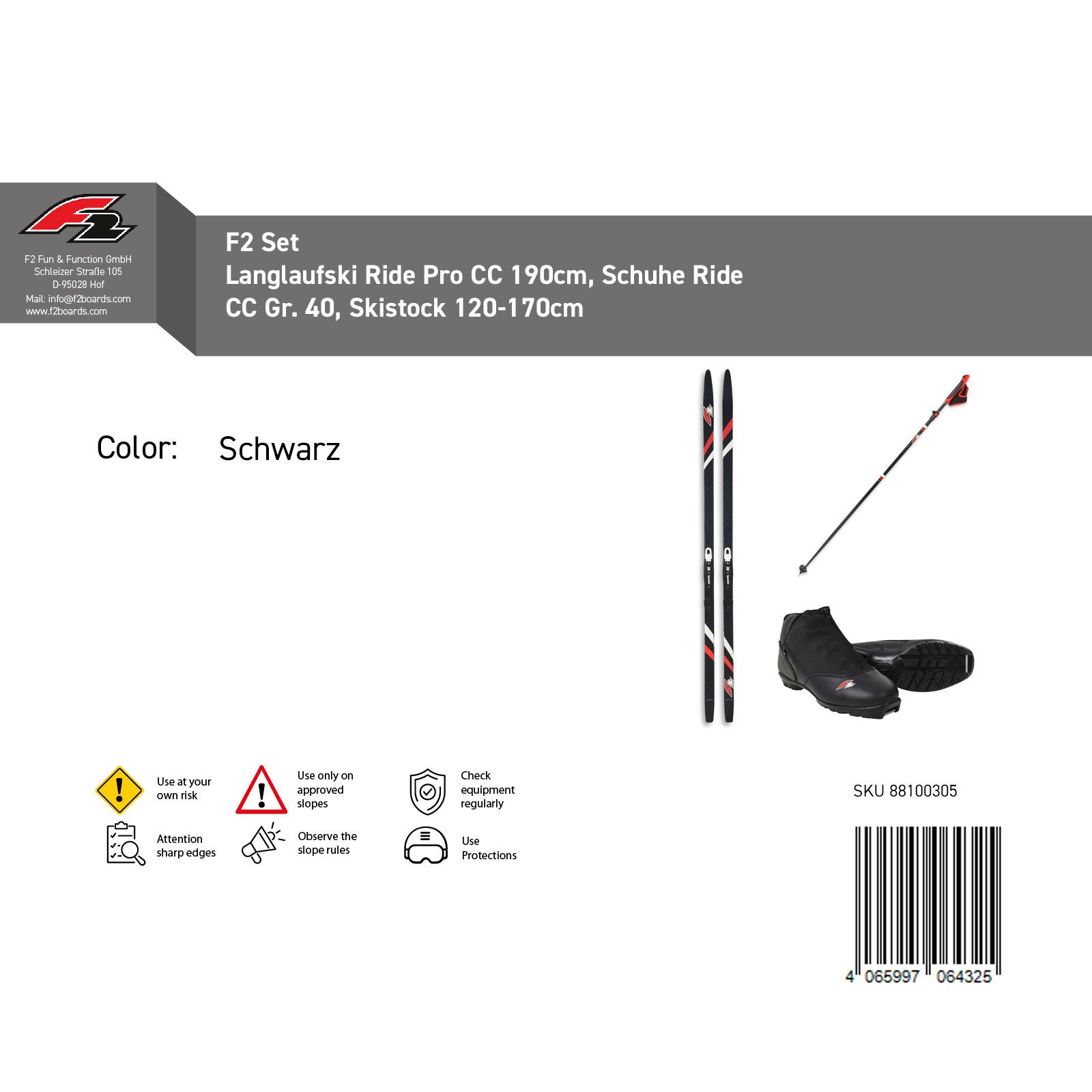 F2 Ski F2 Set Langlaufski Ride Pro CC 190cm+Schuhe Ride CC Gr. 40 +Skistock 1