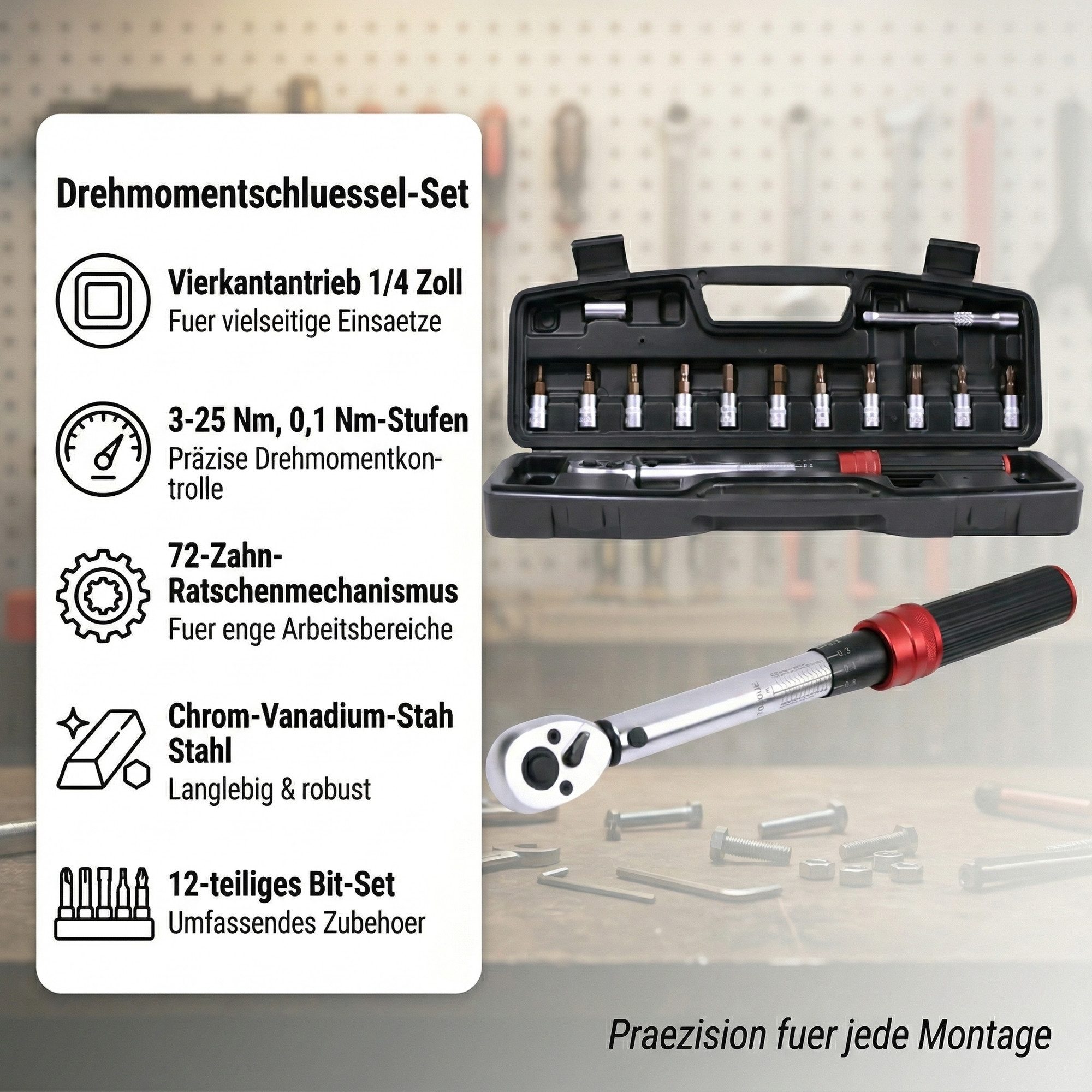 Mucola Drehmomentschlüssel Drehmomentschlüssel-Set 1/4" 3-25Nm 72 Zähne Wende Ratschenkopf (Set, 15 St., Stück), Antrieb 6,3 mm (1/4), Chrom-Vanadium-Stahl, inkl. Arbeitshandschuhe