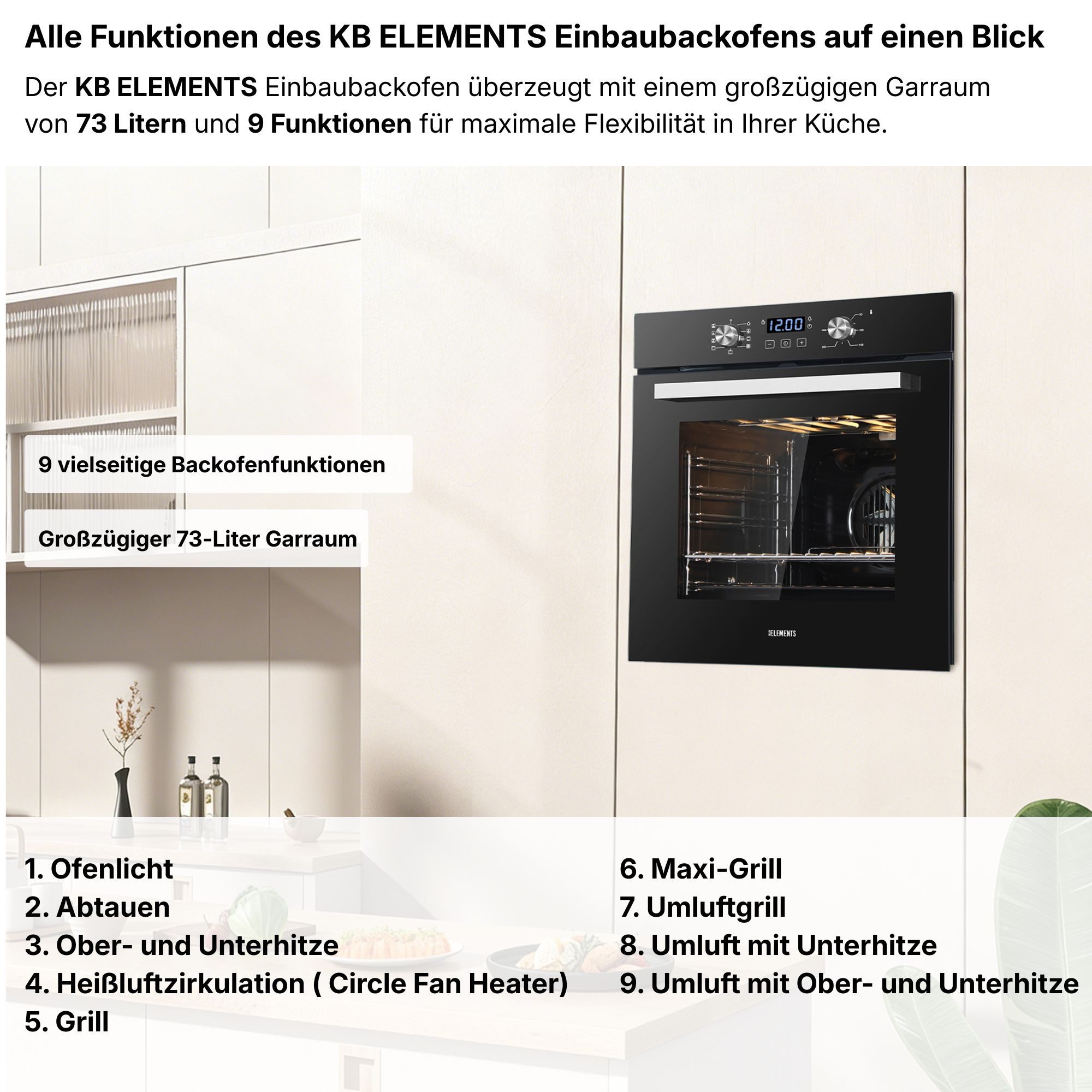 KB Elements Backofen-Set Einbaubackofen 60 cm mit Gaskochfeld 5 Flammig, Aqua Clean, Gaskochfeld mit digitalem Gasstopp-Timer