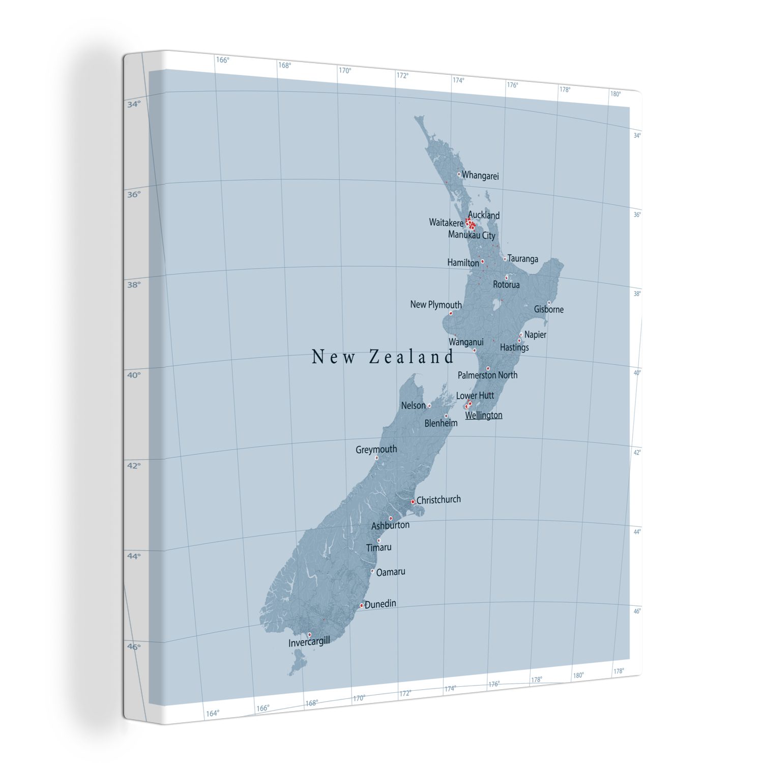 OneMillionCanvasses® Leinwandbild Eine Illustration einer hellblauen Karte von Neuseeland, (1 St), Leinwand Bilder für Wohnzimmer Schlafzimmer