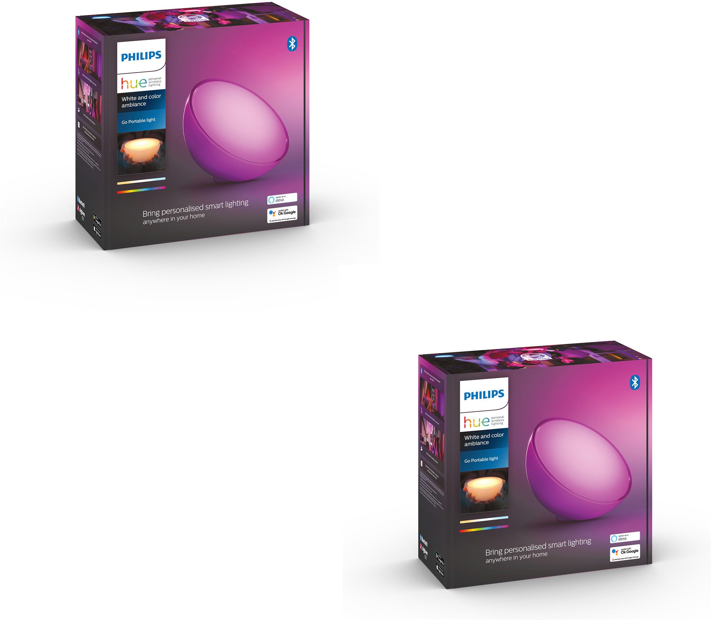 Philips Hue LED Tischleuchte Doppelpack Go Akku-Tischleuchte White & Color Ambiance, Abschaltautomatik, Bluetooth, Dimmfunktion, Einschlafhilfe, Farbsteuerung, Farbwechsel, Leuchtdauer einstellbar, Memory, nach Trennung vom Netz, RGB, Smart Home, Softlichtstart, Tageslichtsensor, Timerfunktion, Weckerfunktion, erweiterbar, LED fest integriert, RGB, App‑ & Sprachsteuerung, smart steuerbar