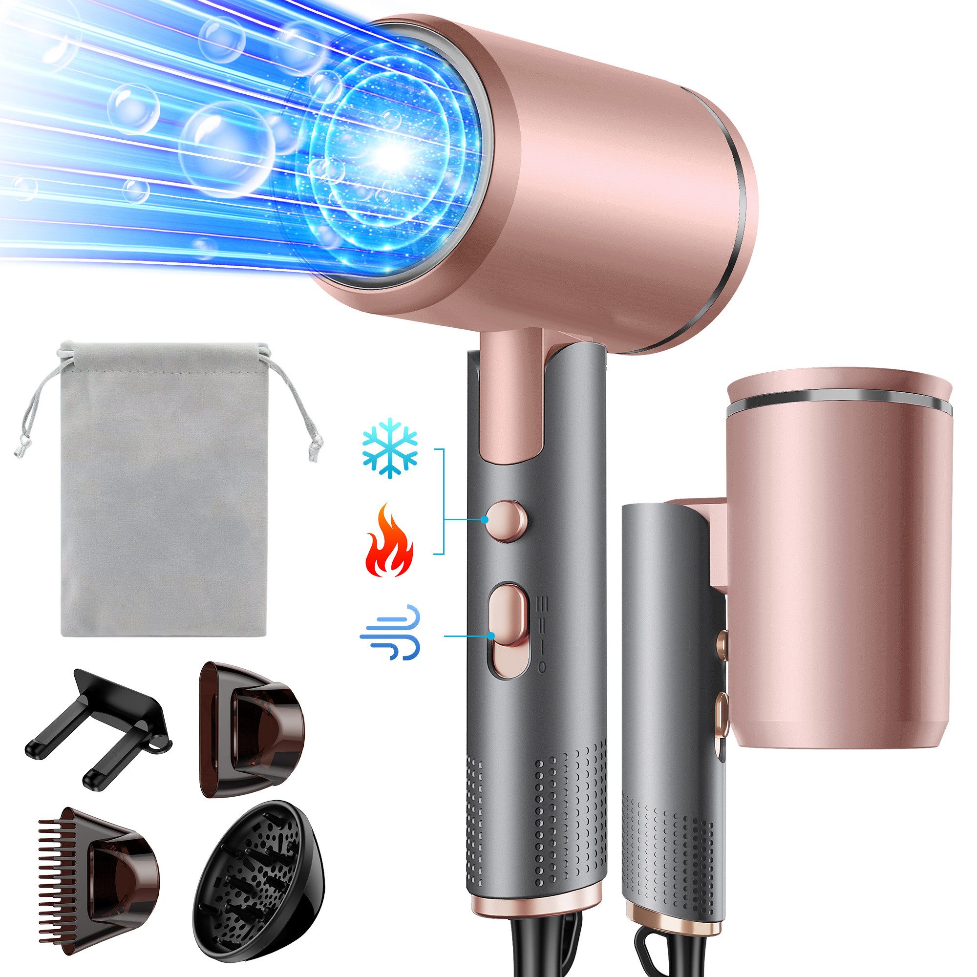 OYLCDI Haartrockner Föhn Ionen,klappbar, Weihnachtsgeschenk, Hair Dryer, 2400 W, mit 3 Stylingdüsen & 6 Temperatureinstellungen,Klappbar Haartrockner, Hairdryer Frisuren Zubehör Reisehaartrockner