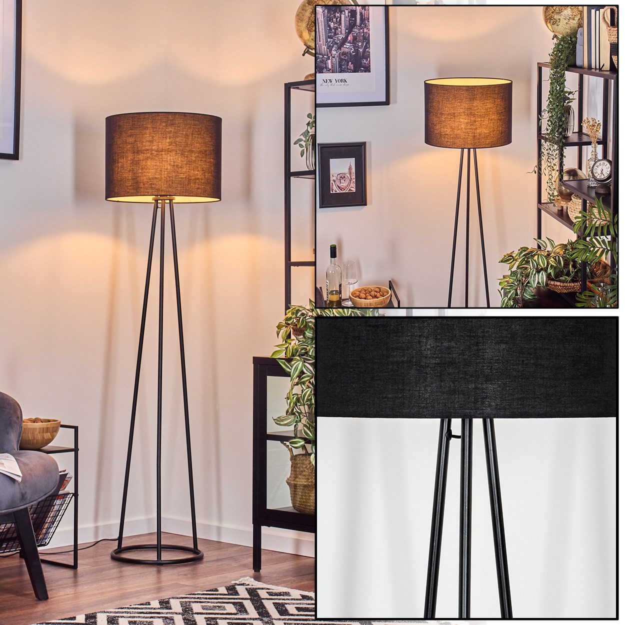 hofstein Stehlampe Stehlampe aus Metall/Stoff in Schwarz/Weiß, ohne Leuchtmittel, Leuchte mit Schirm(40 cm), Höhe 152 cm, 1 x E27, ohne Leuchtmittel