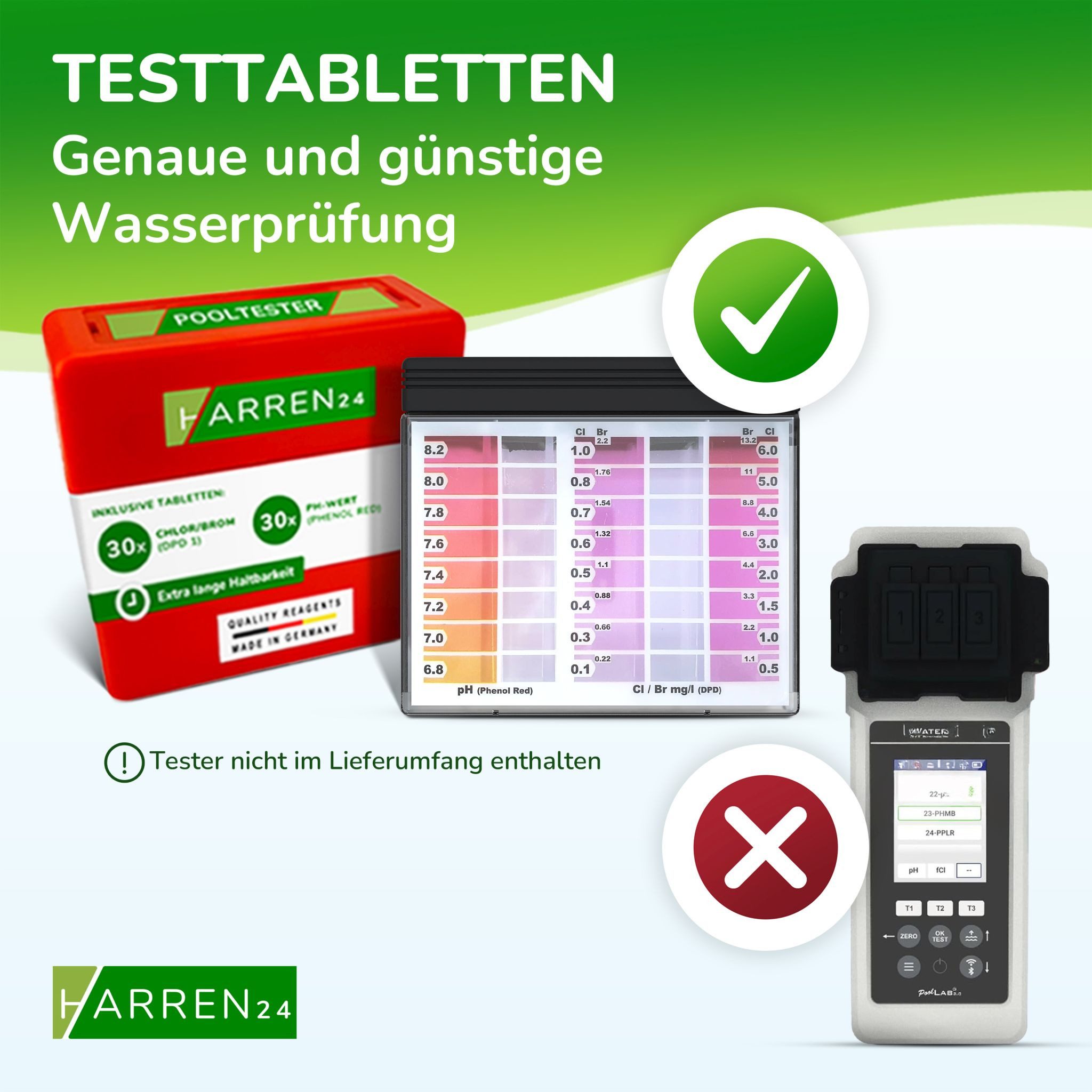 harren24 Pooltester Test-Tabletten RAPID für pH-Wert und freies Chlor 2x50 Stück, Pool, je 50 Stück DPD 1 + Phenol Red