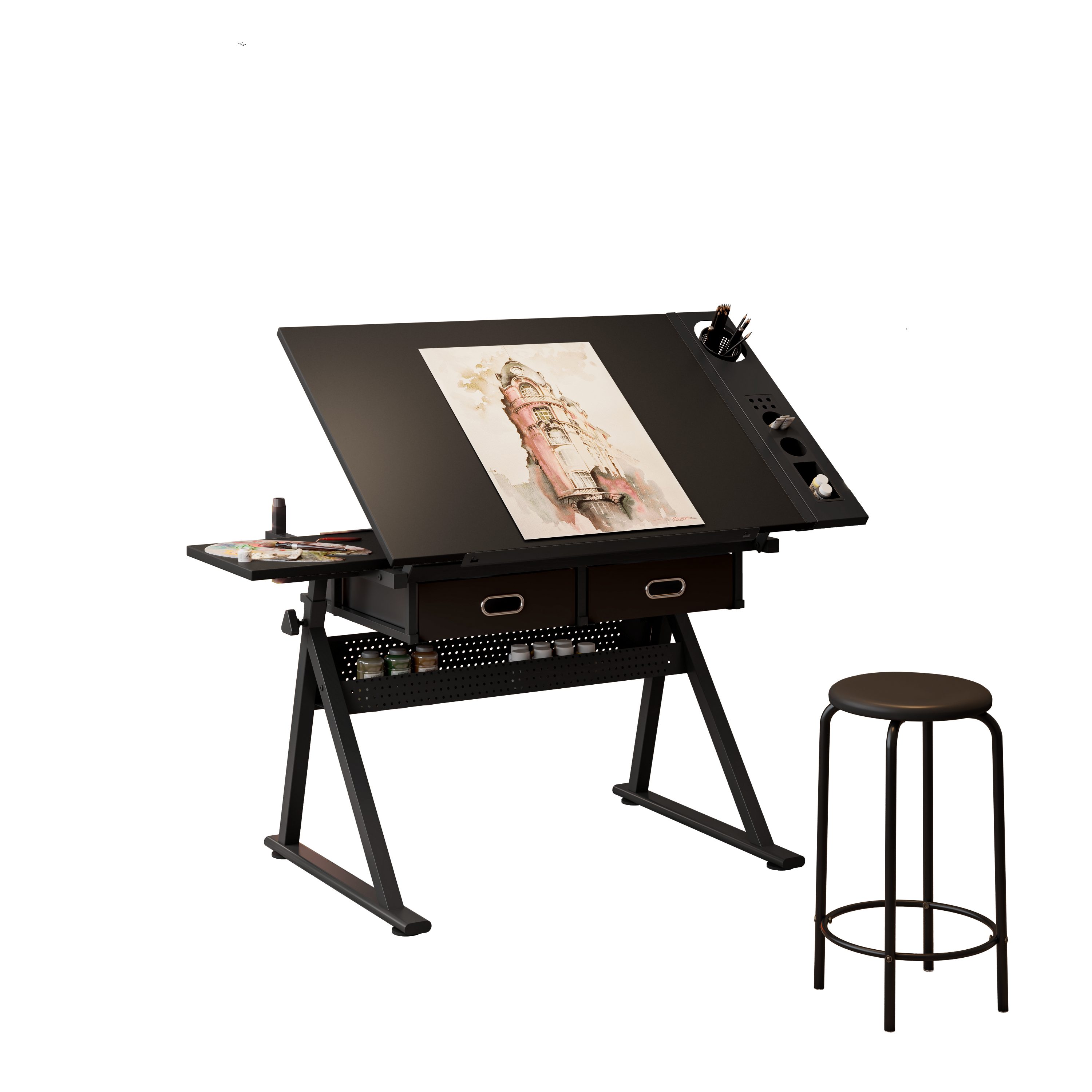 REDOM Höhenverstellbarer Zeichentisch (Set, 1-St., mit Hocker, Schwarz, 98x60x91cm), 2 Schubladen, ideal für Büro & Schule