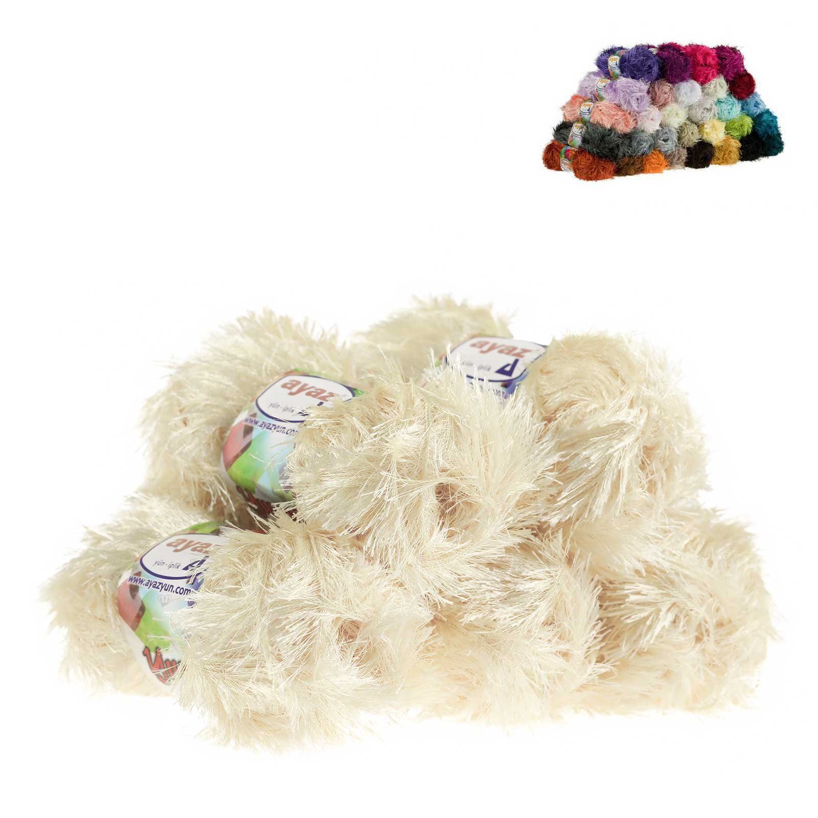 AYAZ 5 x 100g Strickgarn Yumos Fransenstrickgarn Strickwolle Häkelwolle, 1300 creme