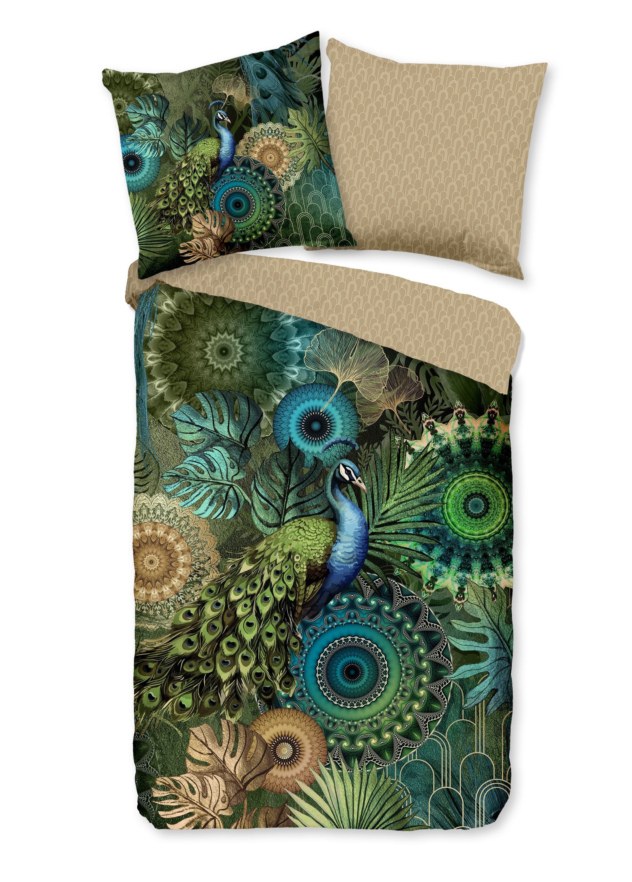 hip Bettwäsche Baumwolle, Renforcé, 2 teilig, Mandalas mit Pfau und Pflanzen, grün, natur
